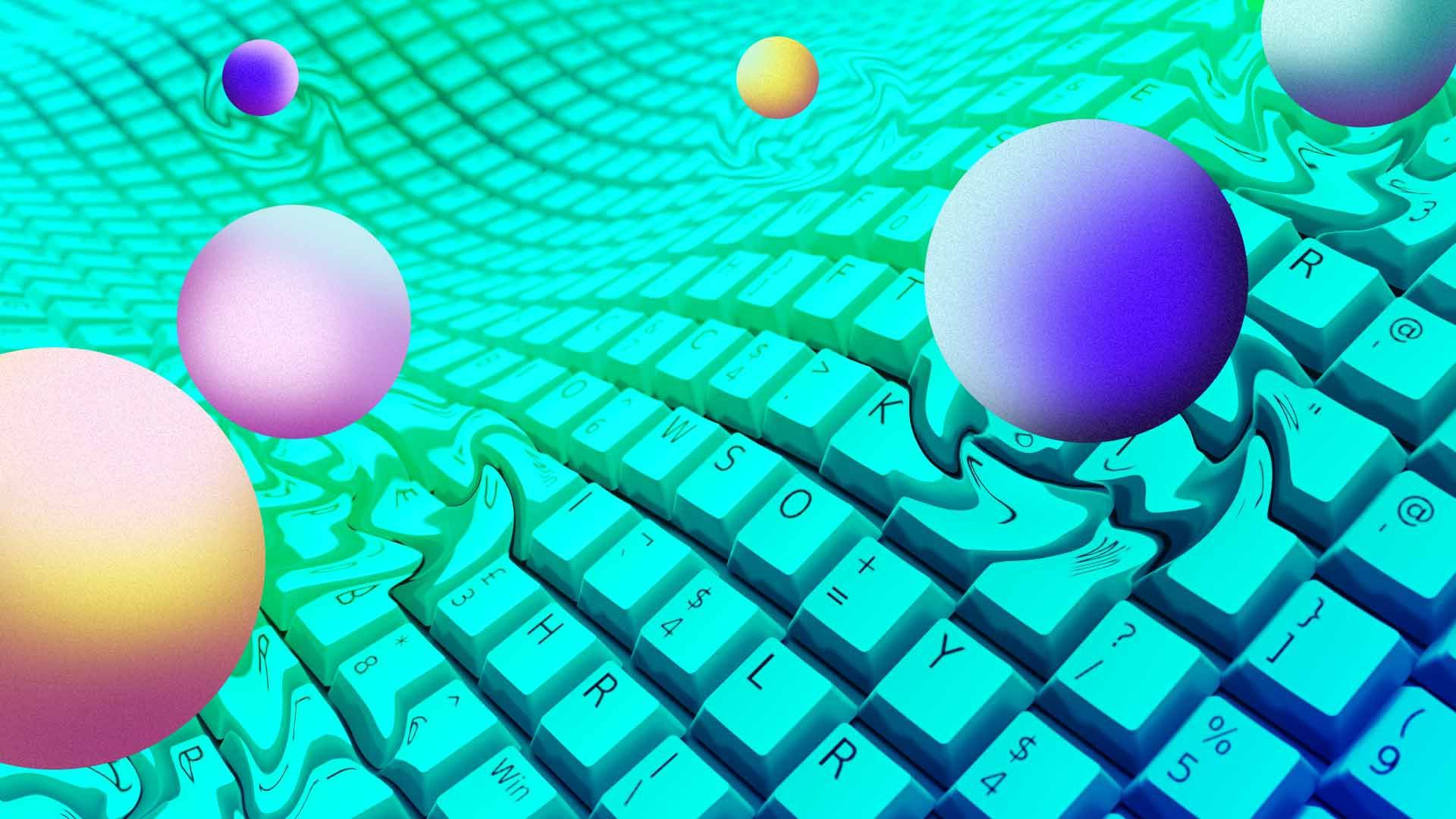 Illustration of a wave of keyboard keys being distorted by colored circles