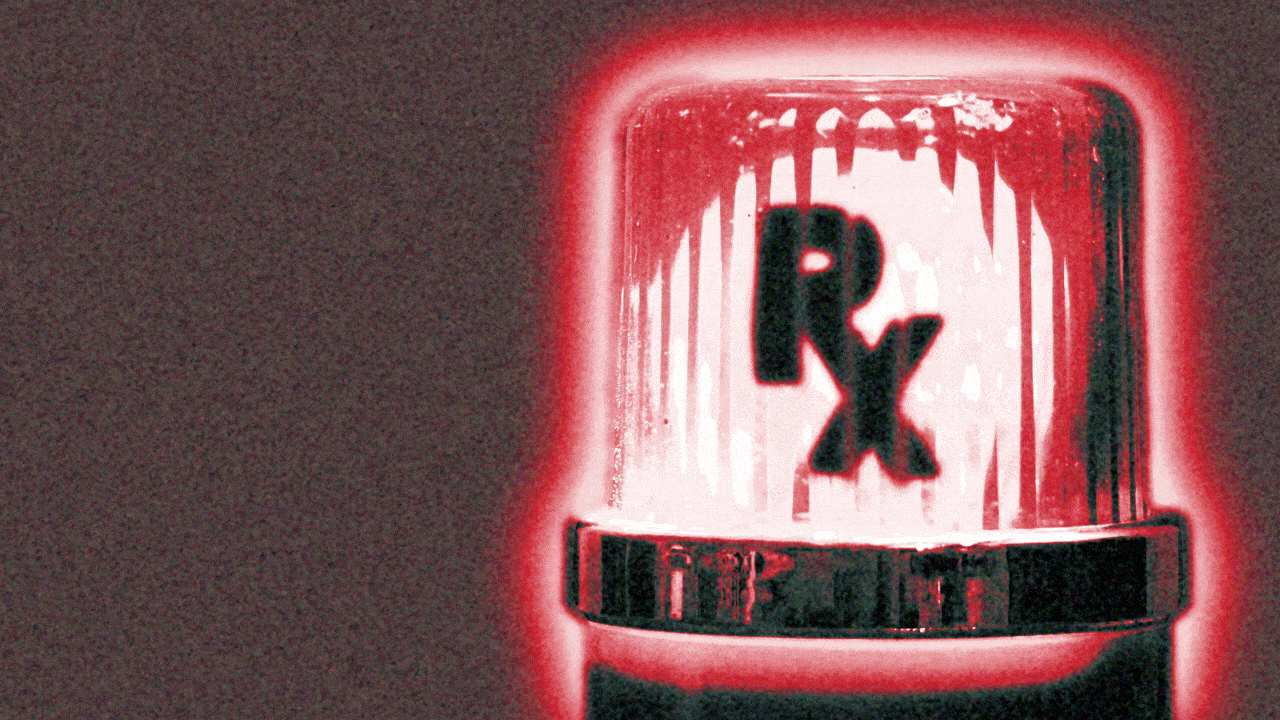 Animated illustration of a siren light with a spinning Rx symbol inside it.
