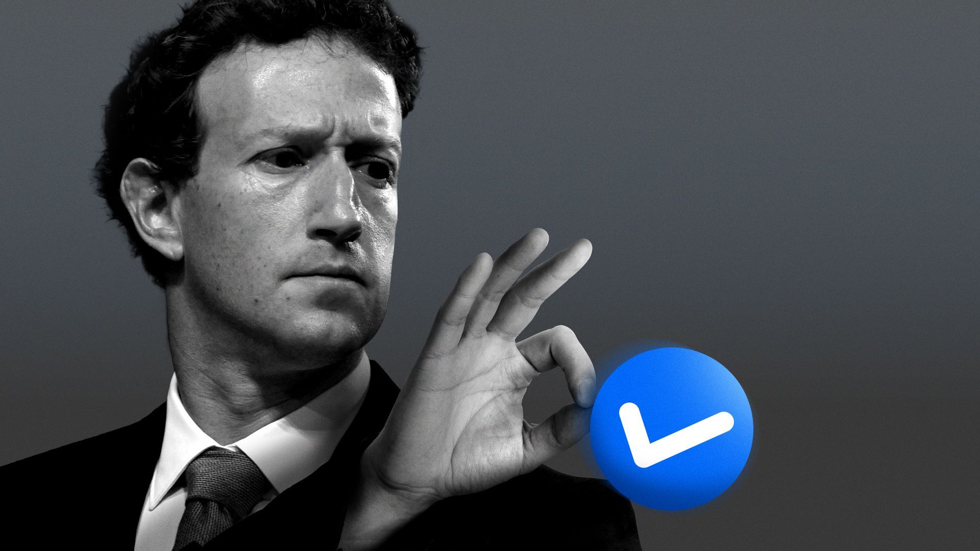 Illustration of Mark Zuckerberg flicking a verified check mark off of his shoulder.