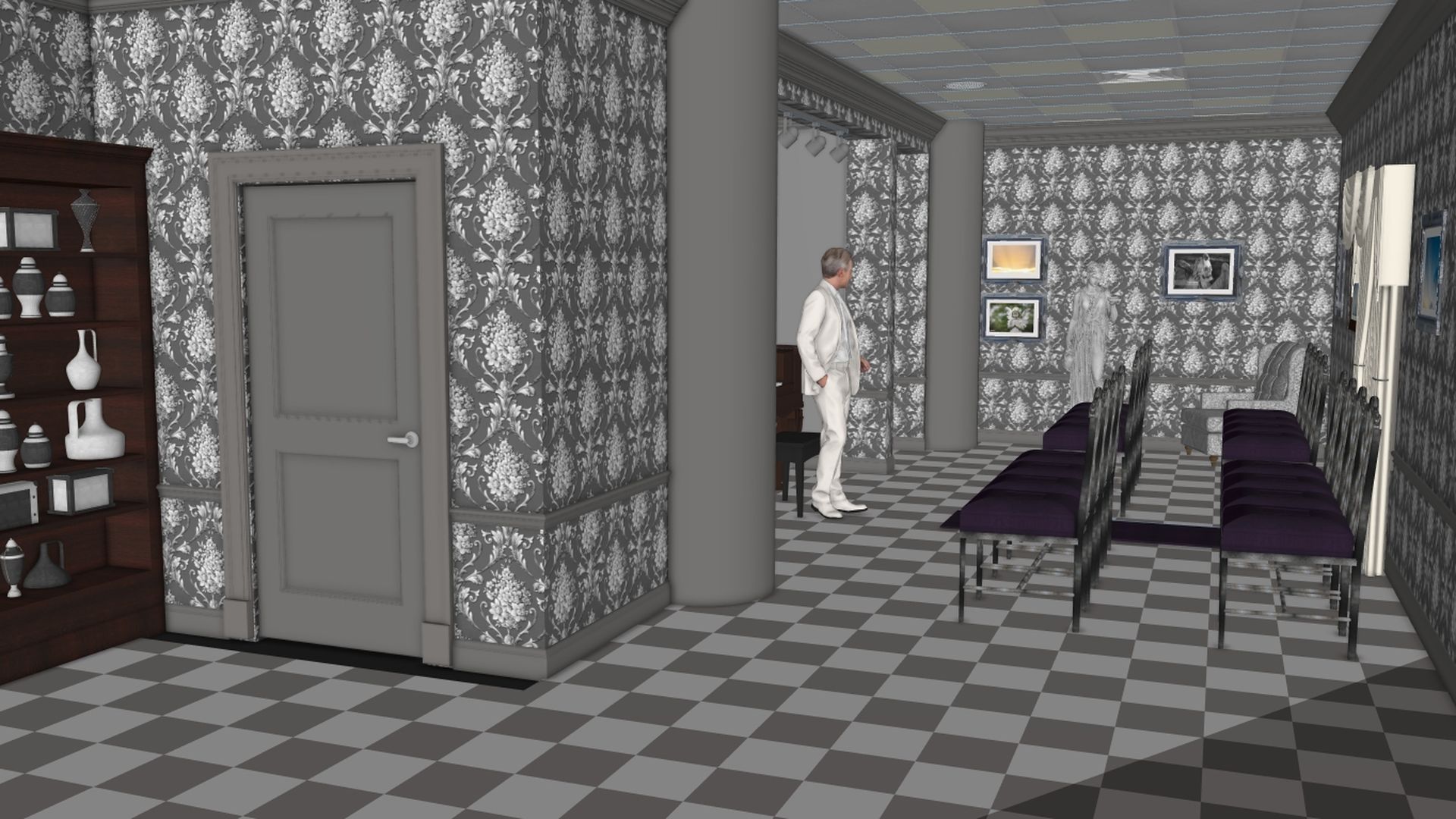 Gray and white checkered floor room with gray floral wallpaper, dark wood cabinet with vases, man in white suit, purple cushioned chairs in rows, and framed pictures on walls.