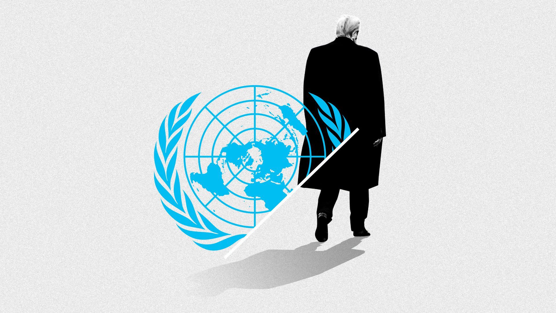 The UN symbol as a drawing of Trump turns his back away from it.