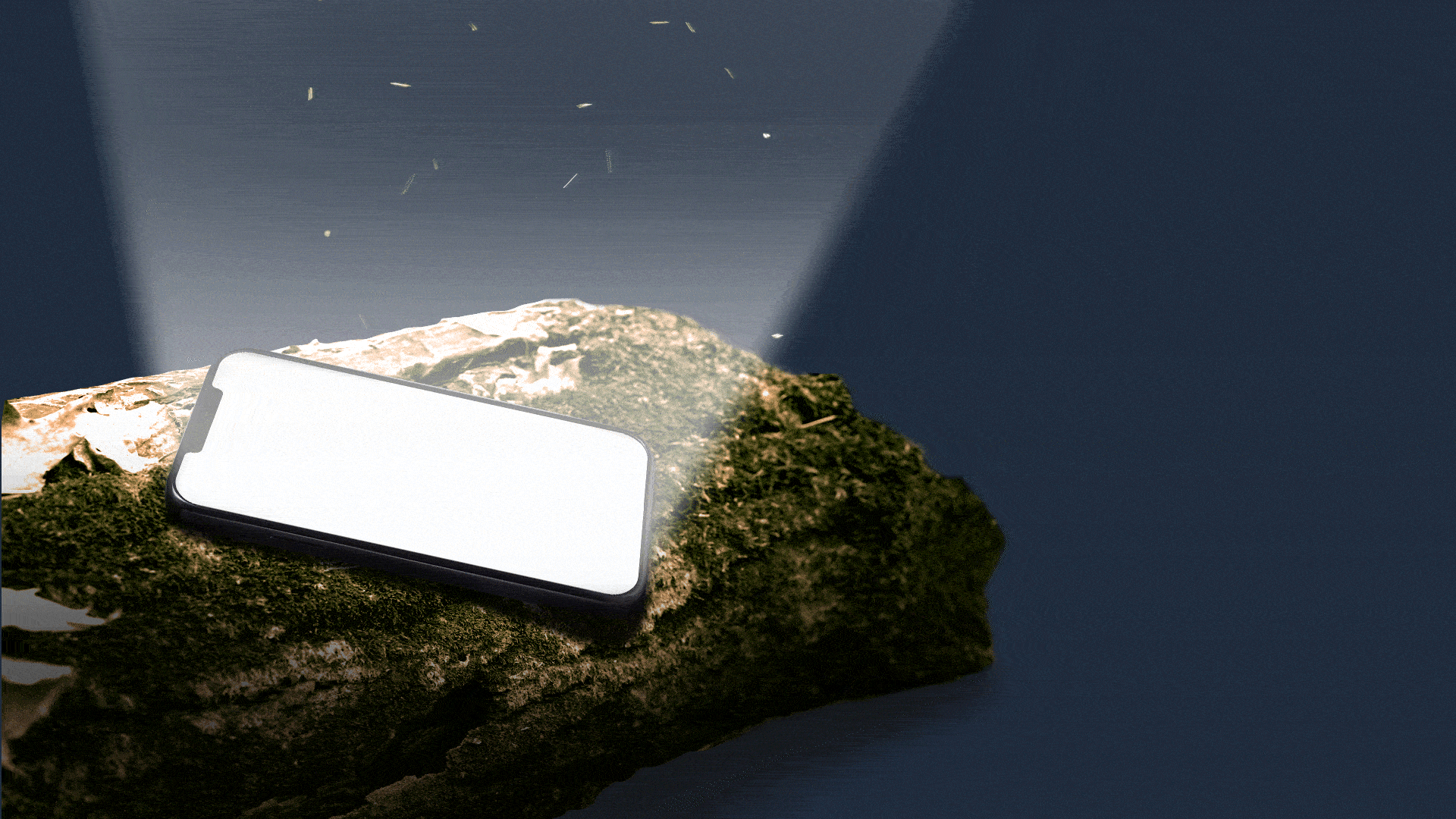 Illustration of a lit phone on a moss-covered log with gnats buzzing around.