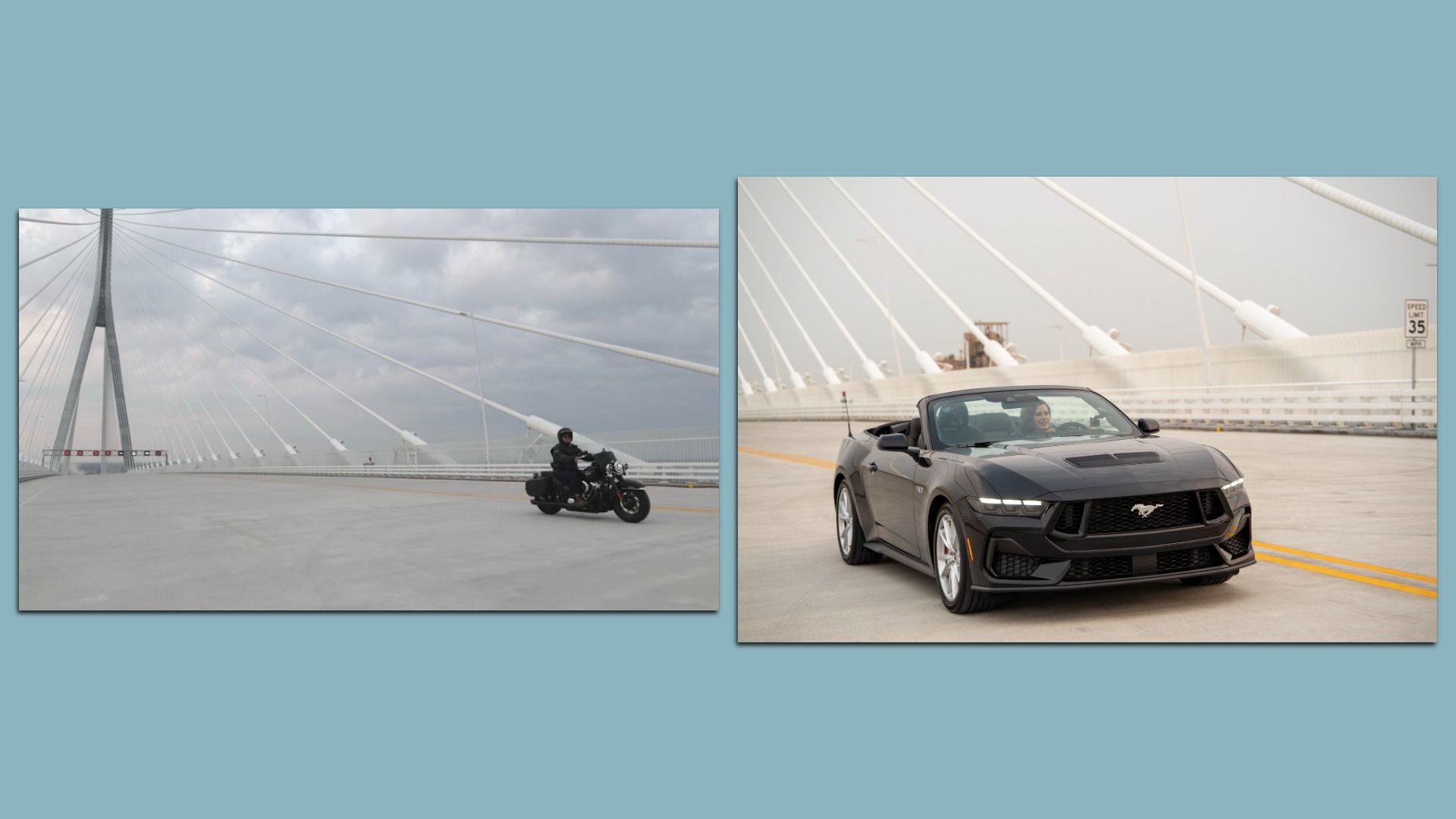Two-panel collage: left shows a motorcyclist on a cable-stayed bridge with a tall pylon and many cables under a cloudy sky; right shows a gray Ford Mustang convertible on the bridge with a driver.