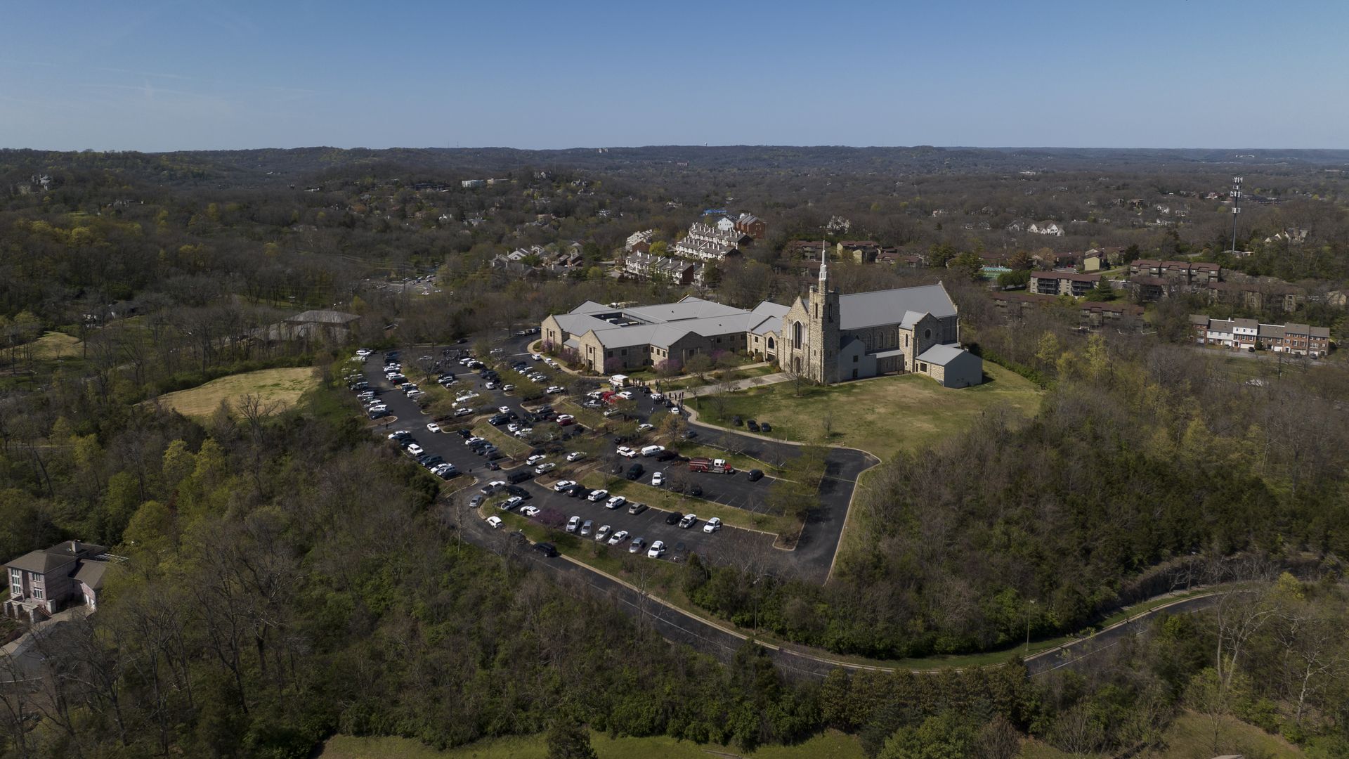 An aerial view shows the Covenant School where first responders were working the scene of a mass shooting.