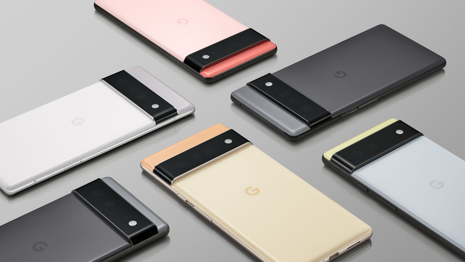 Google's new Pixel 6 smartphone family, in various colors.