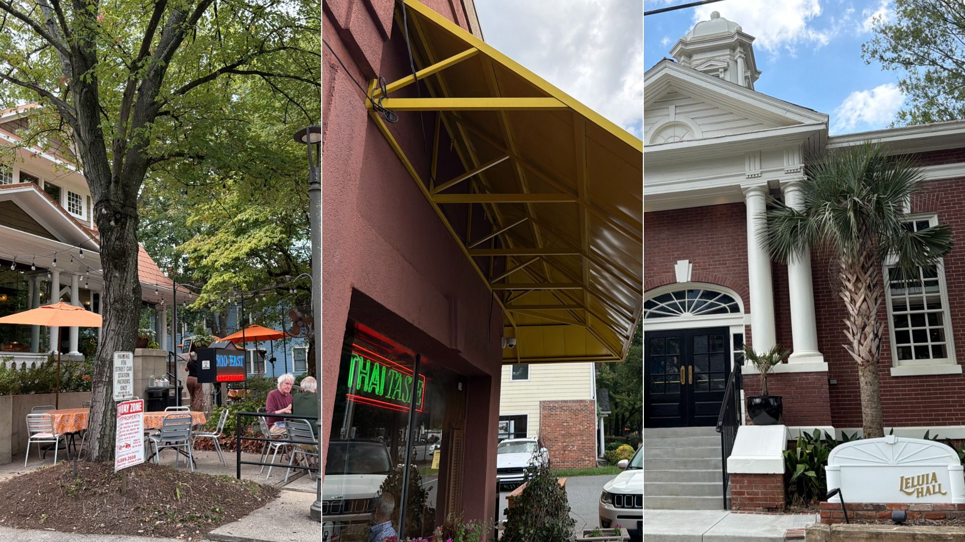 Three-panel city street collage: left shows a large tree and outdoor cafe with string lights; center yellow metal awning over a storefront; right brick building with white columns and a palm tree.