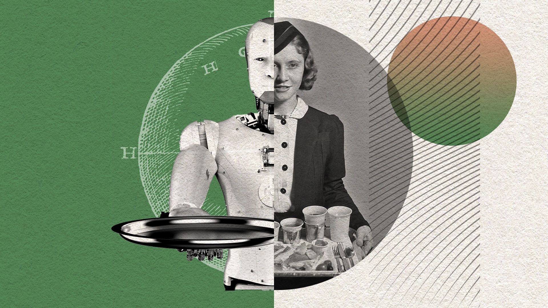 Illustrated collage of a stewardess holding a serving tray juxtaposed against a robot holding a serving tray. 