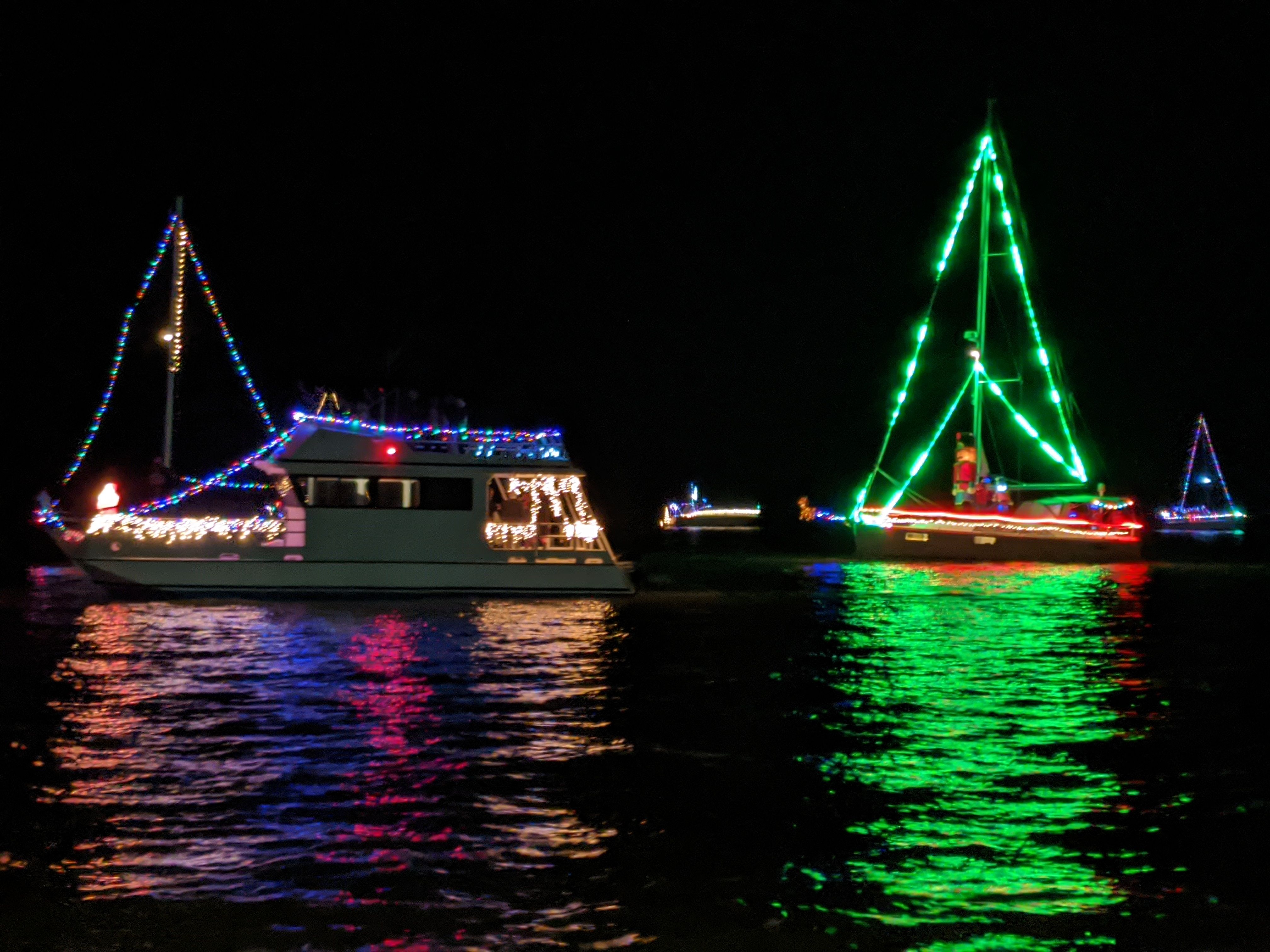 Photo shows boat lit up for Christmas