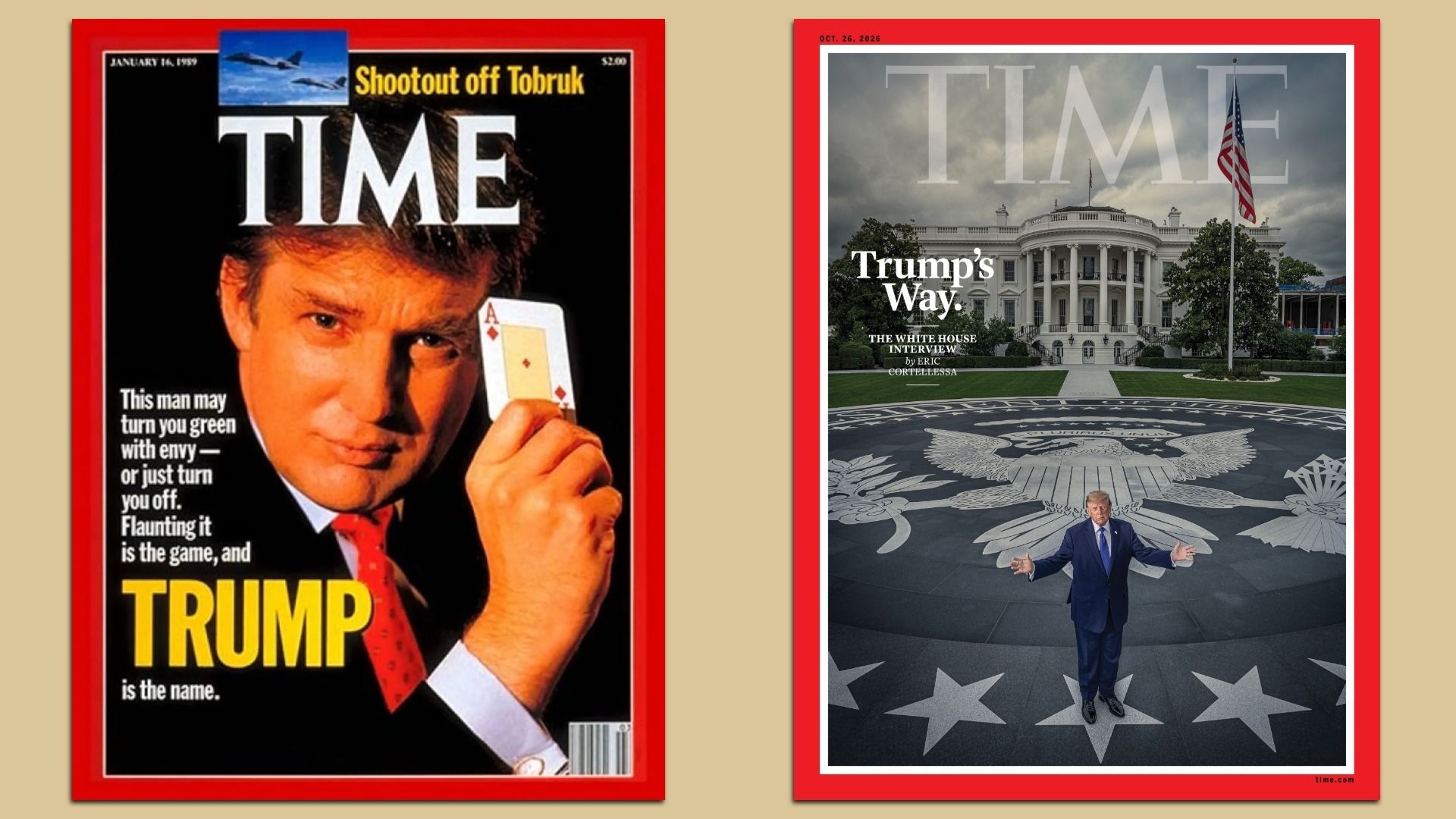 Trump's first and most recent TIME covers on a neutral beige background