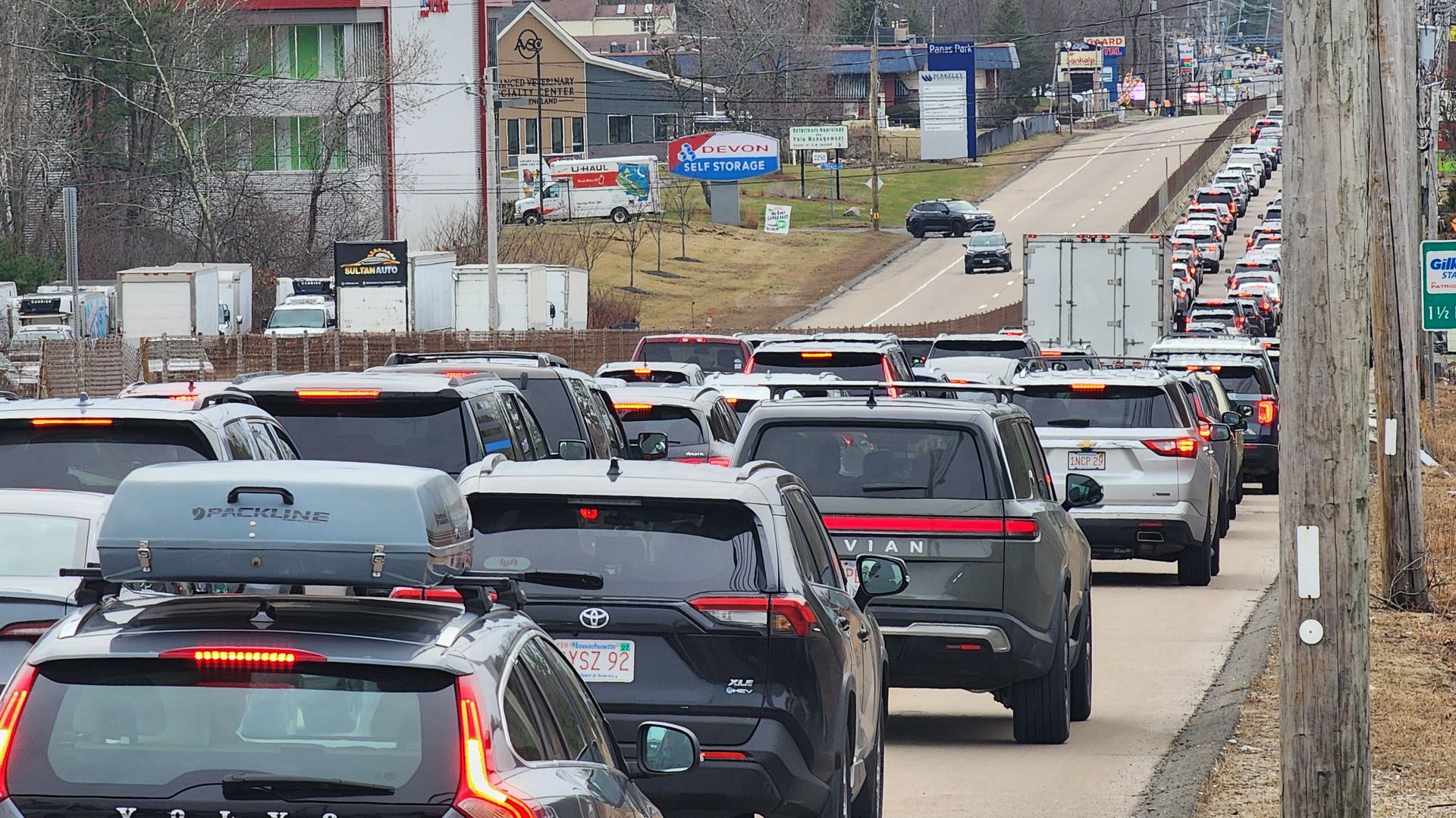 Scores of cars are packed onto Providence Highway (AKA Route 1) on the way to Gillette Stadium in Foxborough for the France vs. Brazil international friendly on March 26, 2026.