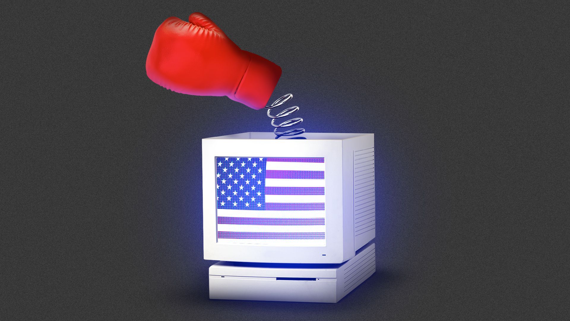 Illustration of a CRT computer screen displaying an American flag stylized as a jack-in-the-box, with a boxing glove emerging out of it on a spring. 