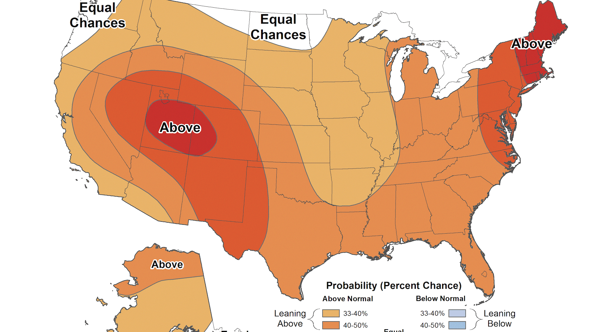 Map showing likelihood of a warmer or cooler than average summer in the U.S.