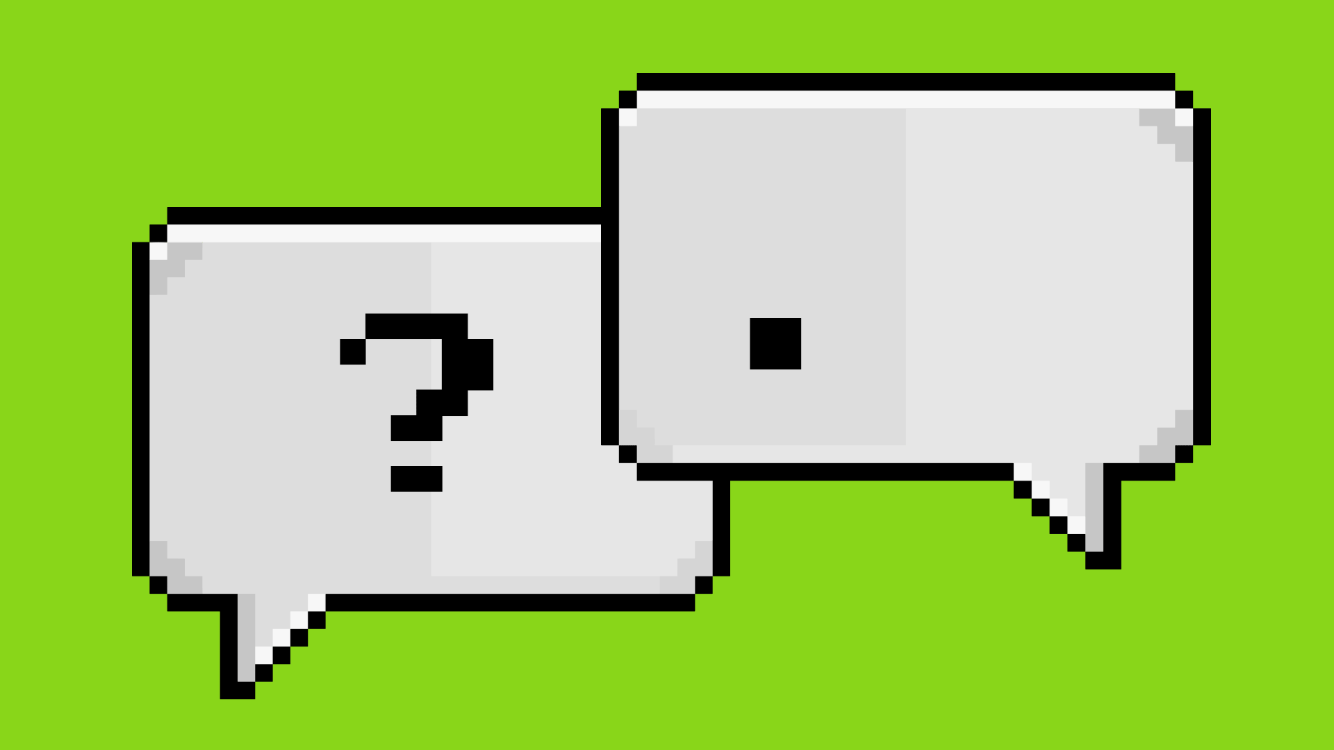 Animated illustration of two chat bubbles, one with a question mark and one with ellipses.
