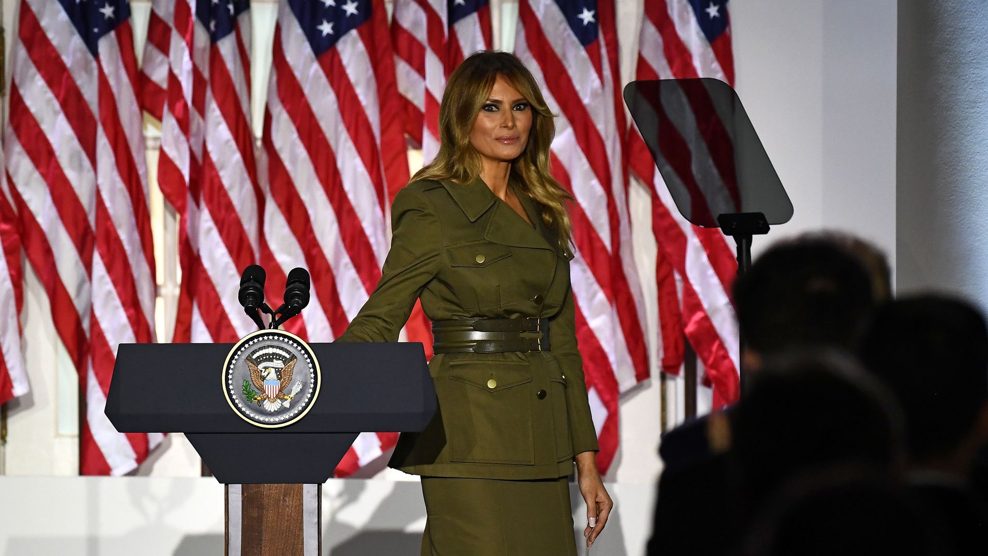  US First Lady Melania Trump looks on after addressing the Republican Convention during its second day from the Rose Garden of the White House August 25, 2020, in Washington, DC. 
