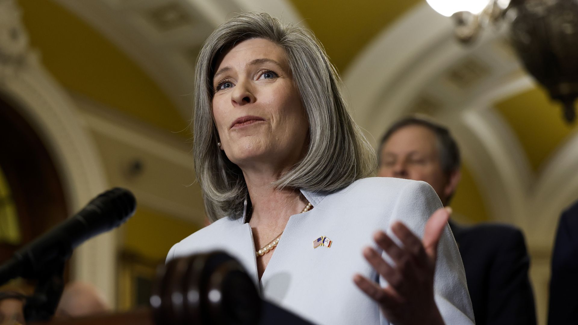 Sen. Joni Ernst (R-IA) speaks during a press conference following a luncheon with Senate Republicans in the U.S. Capitol Building May 02, 2023 in Washington, DC. U.S. 