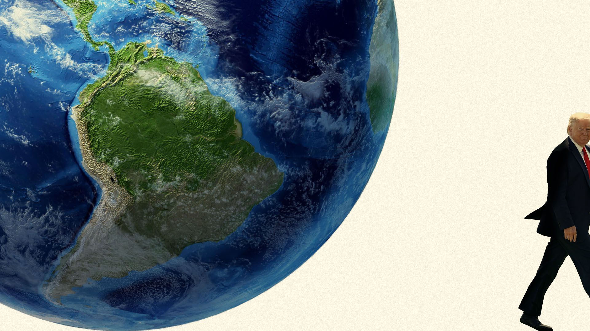 Illustration of President Trump walking away from the planet earth