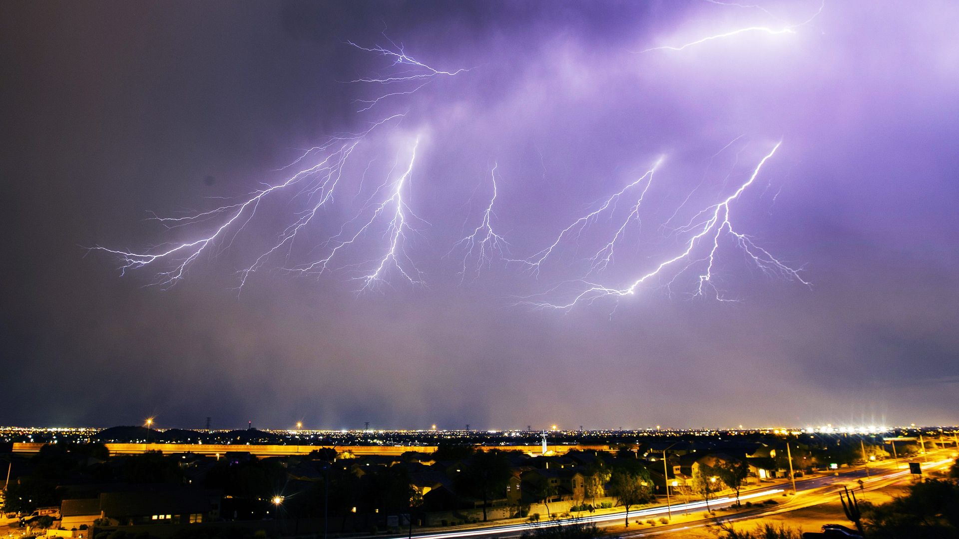 Lightning strikes over Mesa Arizona during a monsoon on August 17 2020