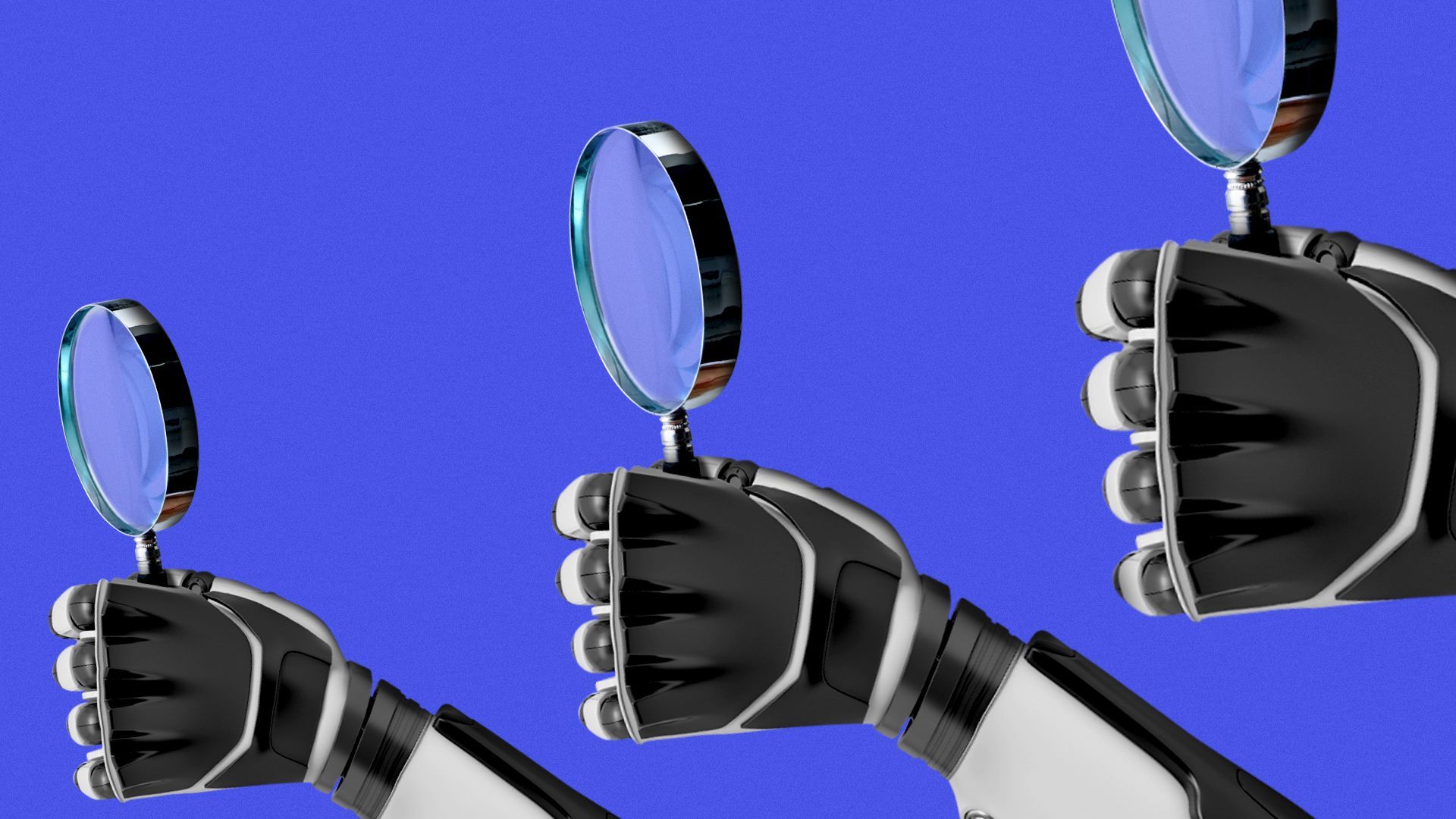 Illustration of a repeating pattern of robot hands holding magnifying glasses.