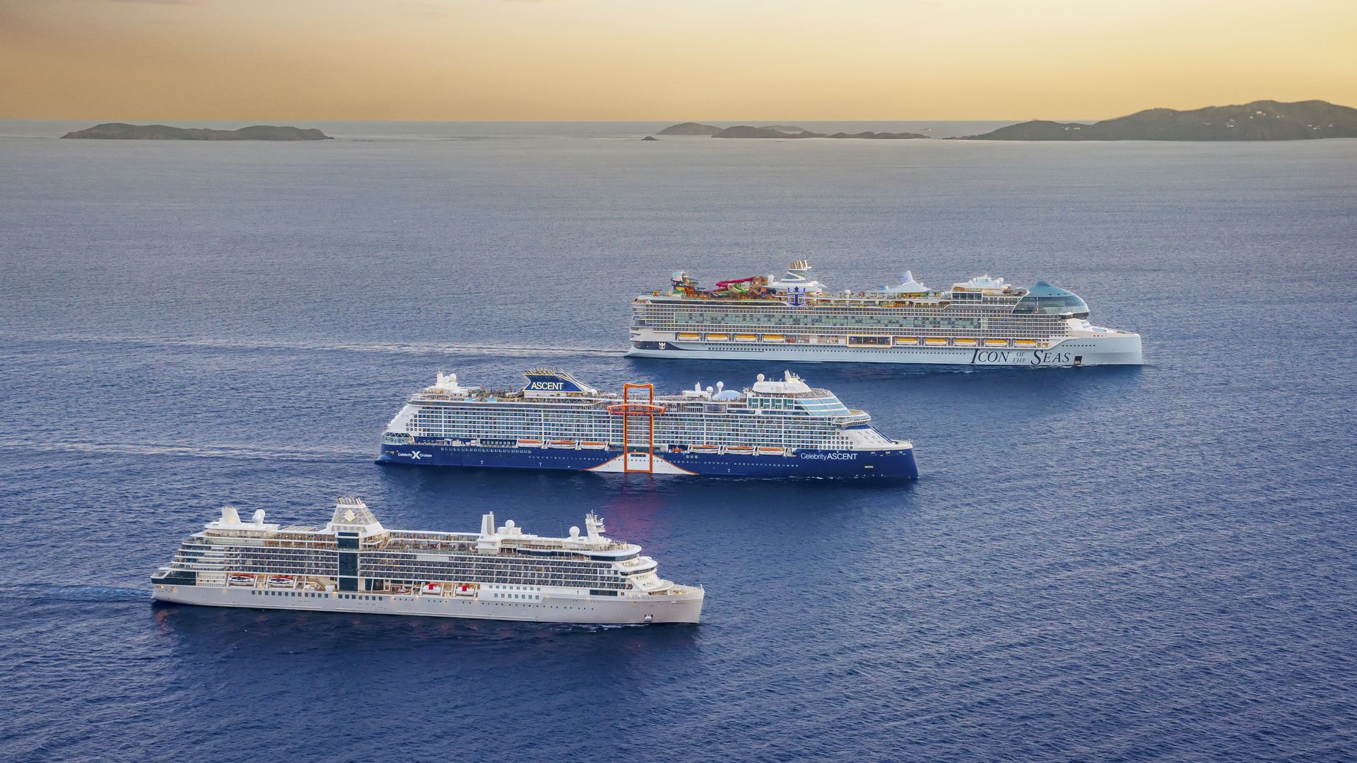 Three large cruise ships sail the calm blue sea at sunset, with an orange sky and distant islands on the horizon; one is named "Icon of the Seas".