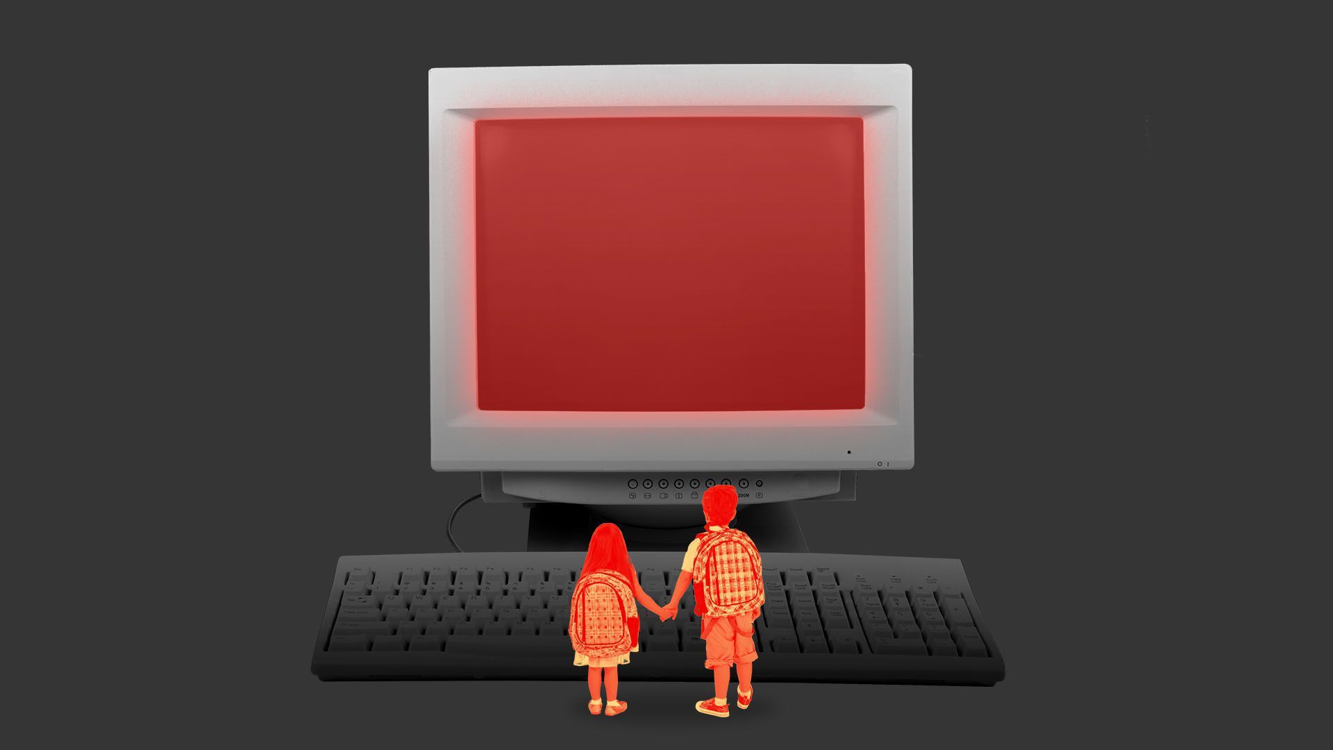 An illustration of two small kids standing in front of a giant computer with a glowing red screen.