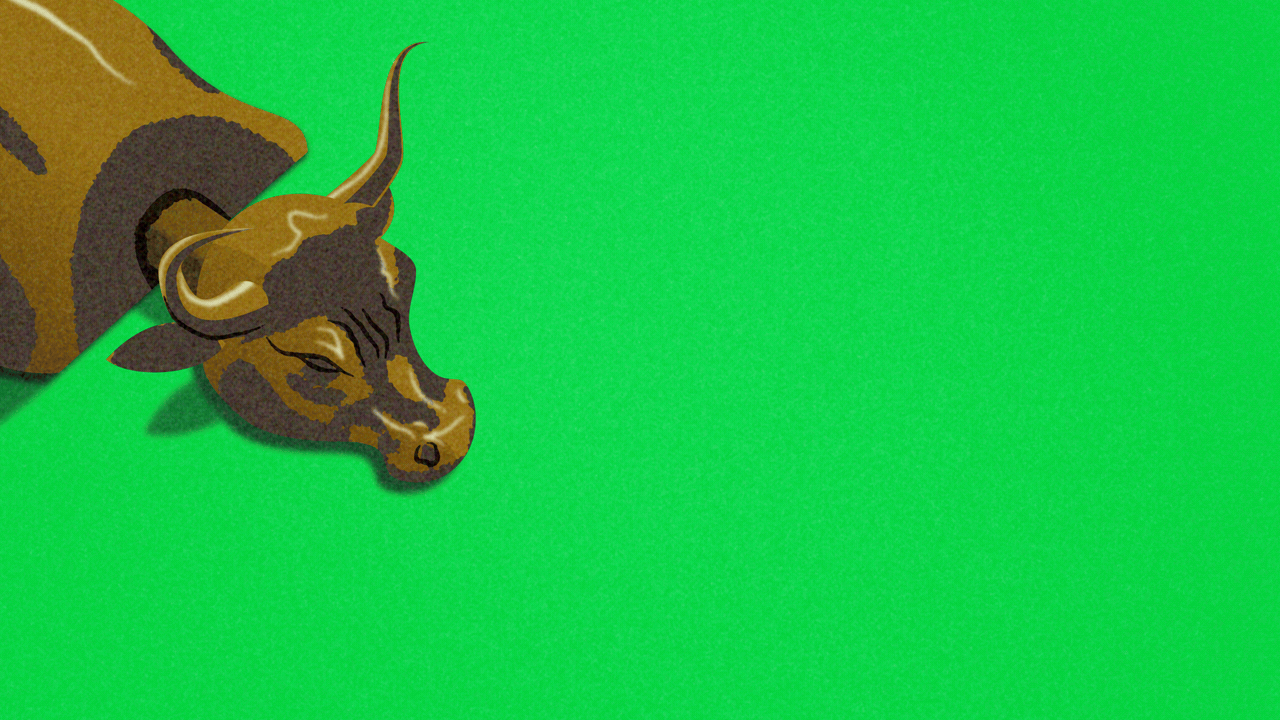 Animated illustration of the Wall Street bull statue in the form of a hippo from Hungry Hungry Hippos. White sparkle shapes approach the bull, which eats them.