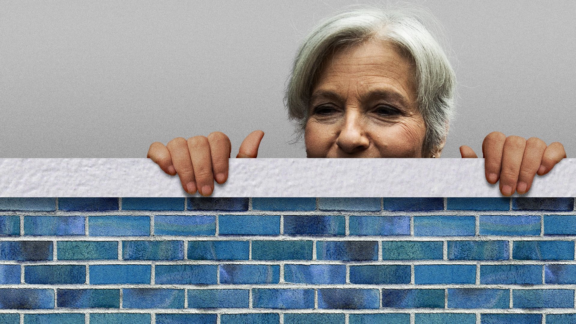 Illustration of Jill Stein peeking over a blue brick wall. 