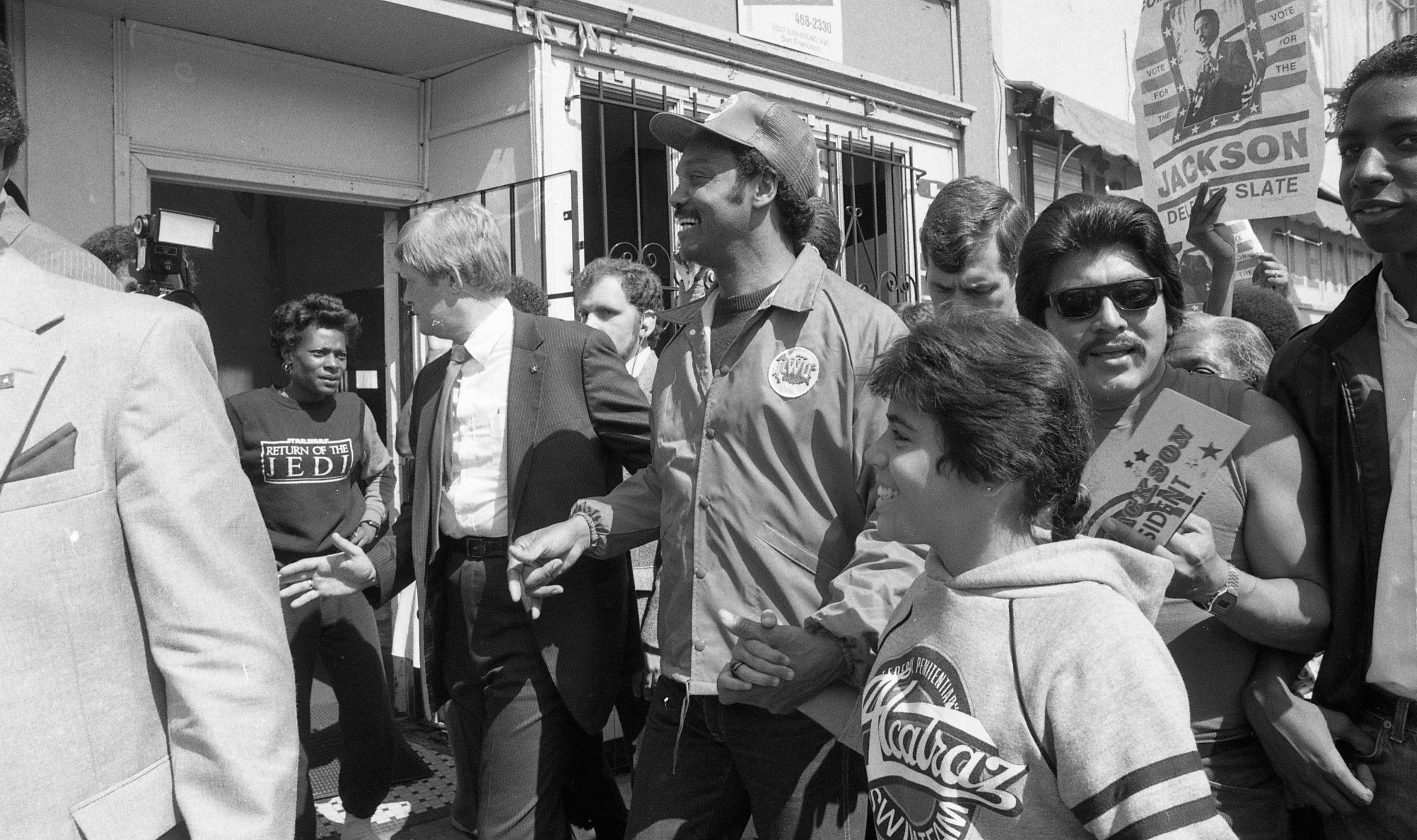 Jesse Jackson campaign along Third St. and in the Hunters Point neighborhood, during an S.F. campaign stop in his bid to be the Democratic nominee for president, May 31, 1984 (Photo by Eric Luse/San Francisco Chronicle via Getty Images)