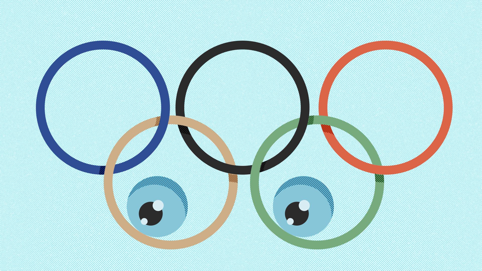 Animated illustration showing the Olympic rings with the bottom two rings as eyes blinking and looking around.
