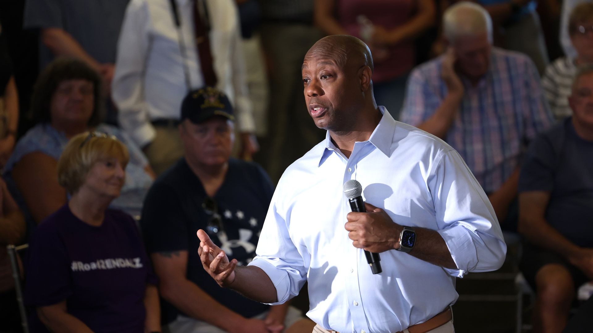 Republican presidential candidate Senator Tim Scott (R-SC) speaks to guests during a town hall meeting on July 27, 2023 in Ankeny, Iowa. Scott is scheduled to join other Republican presidential candidates this friday at Iowa GOP Lincoln Dinner in Des Moines