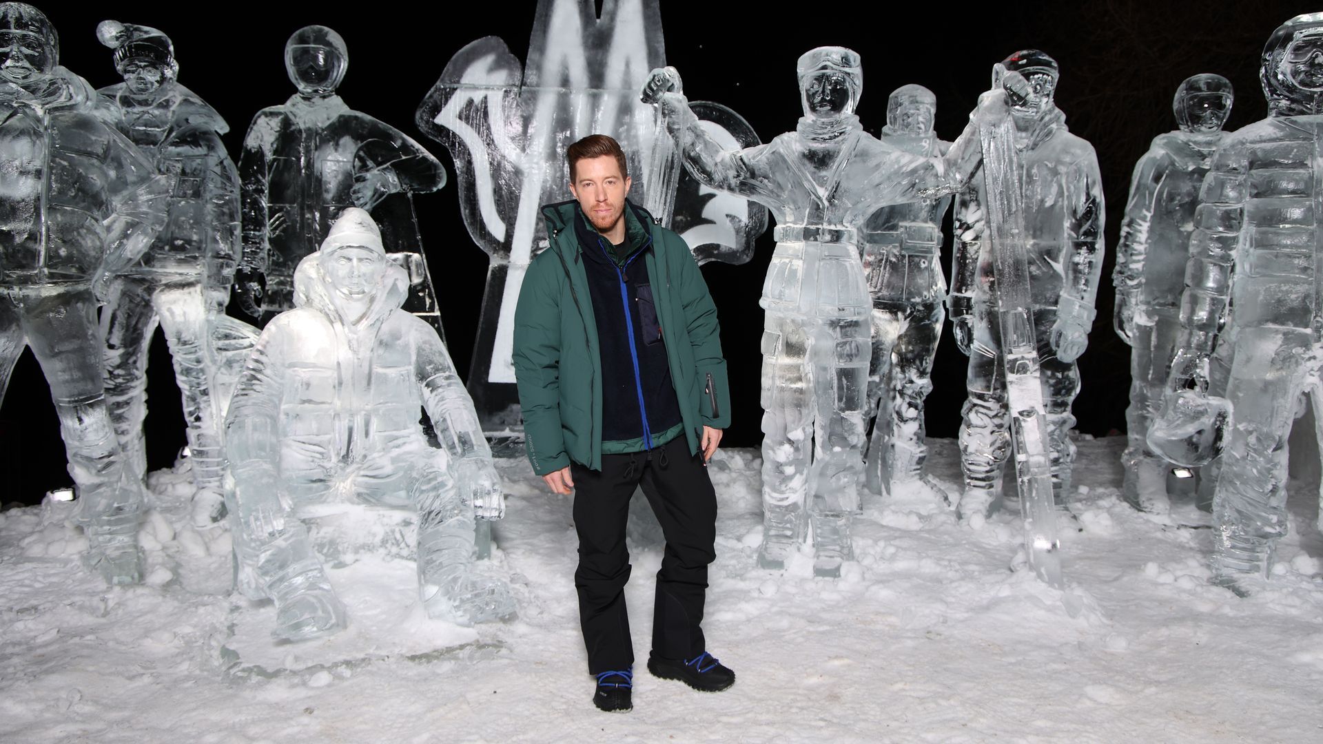 Shaun White posing among ice statues