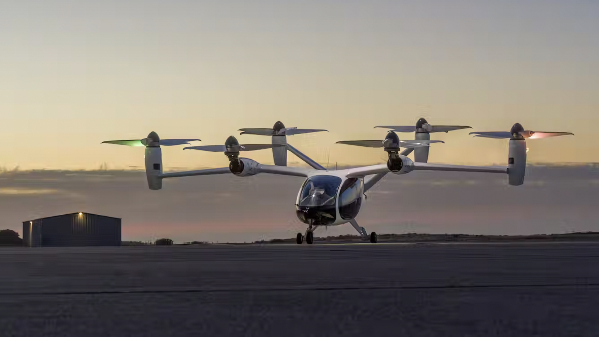 The Joby aircraft poised for takeoff at the company's manufacturing and flight testing facility in Marina, California.