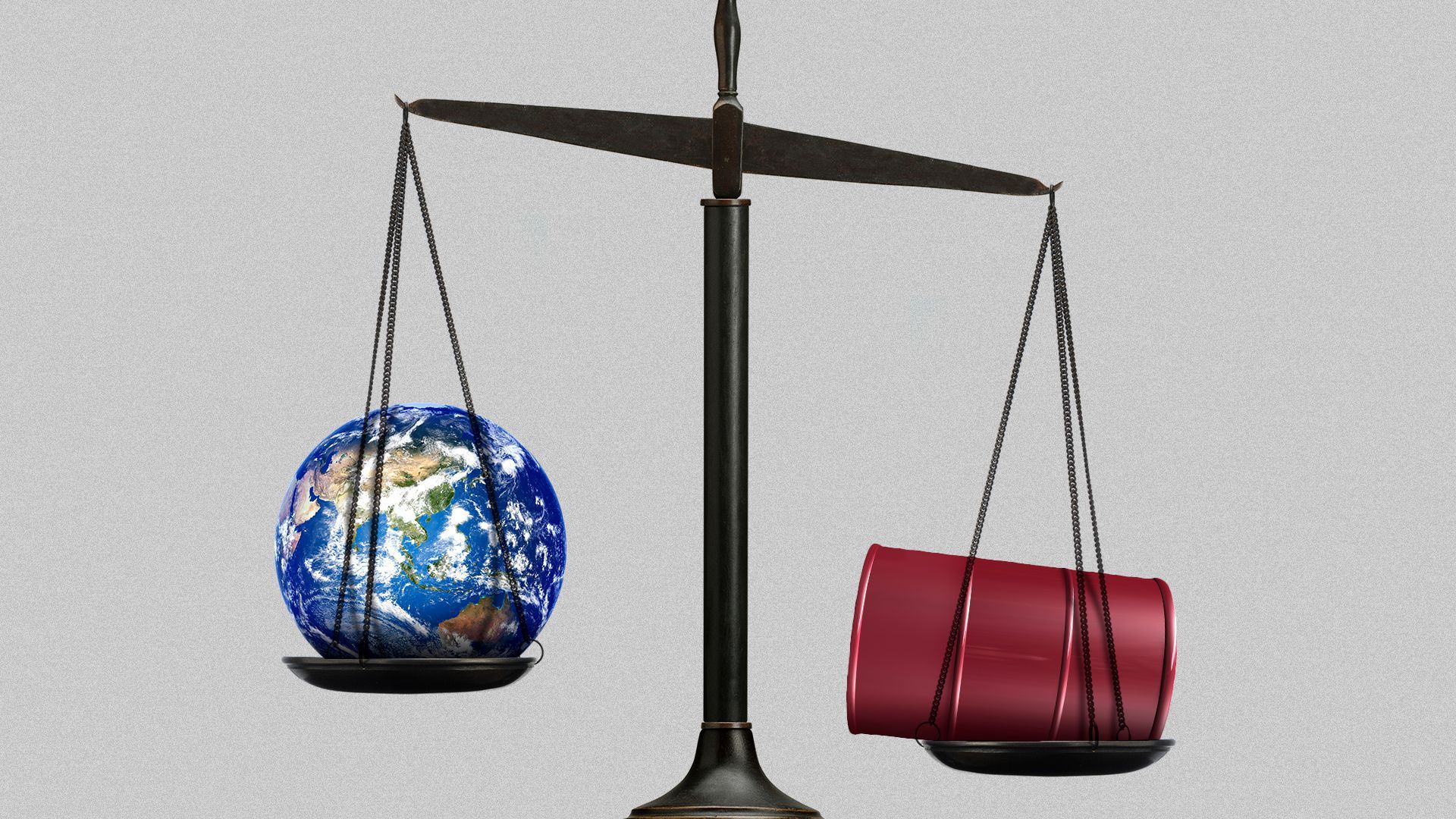 Illustration of a scale with an oil barrel outweighing the Earth.