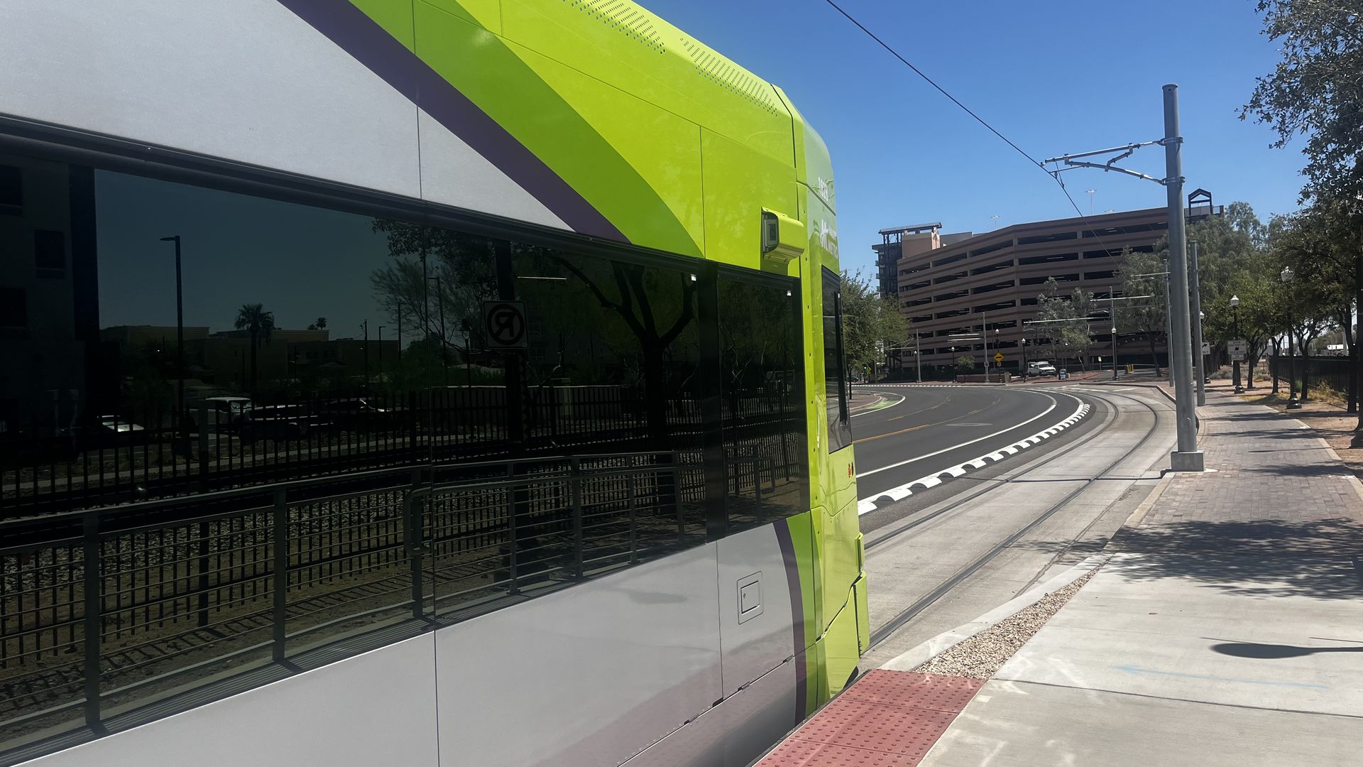 A streetcar on a  city street.