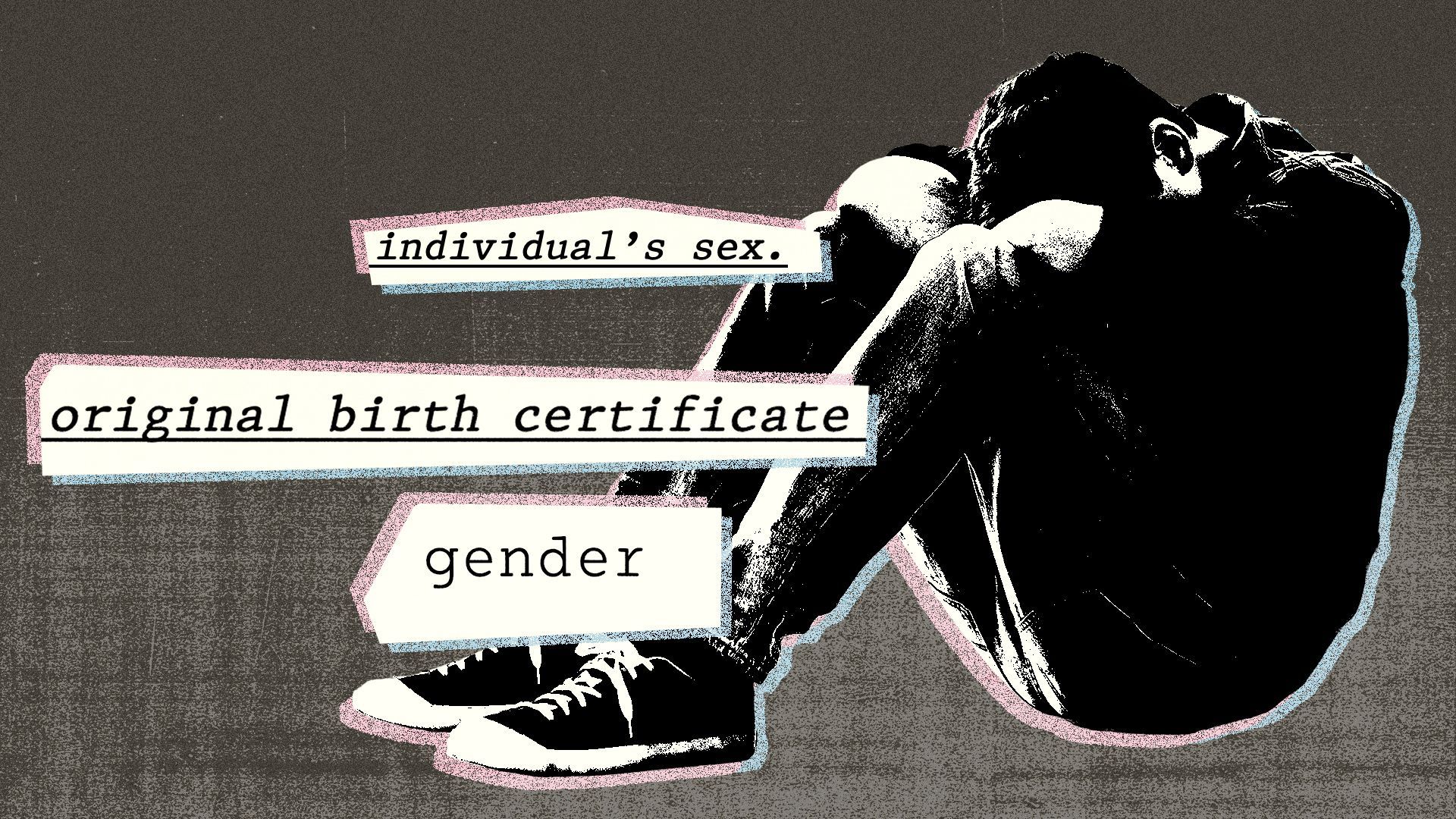 Photo illustration featuring a teenager with their knees drawn into their chest, their head hidden, and snippets of anti-trans bills.