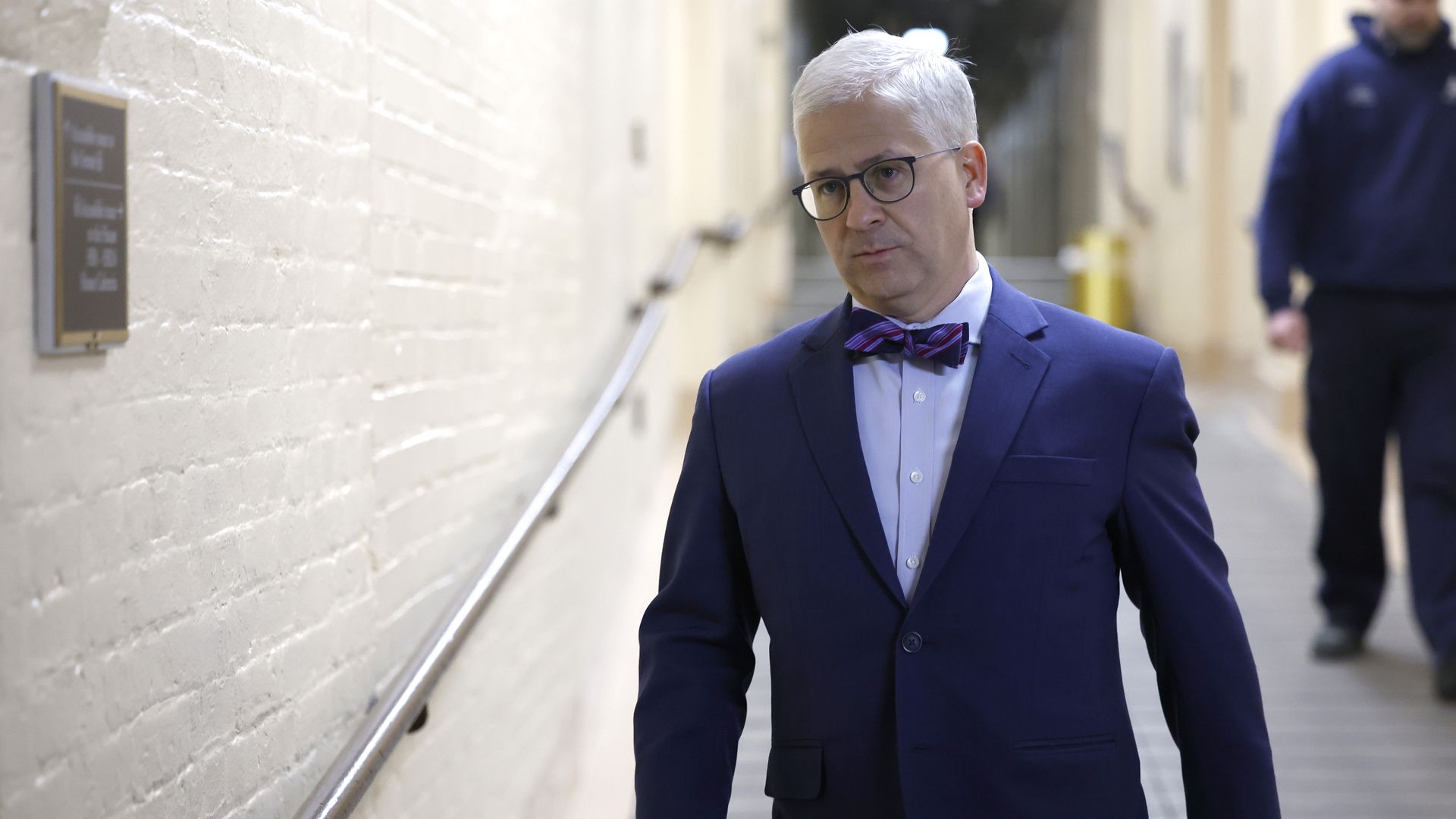 Rep. Patrick McHenry (R-NC) arrives to a House Republican caucus meeting at the U.S. Capitol on February 06, 2024 in Washington, DC. 