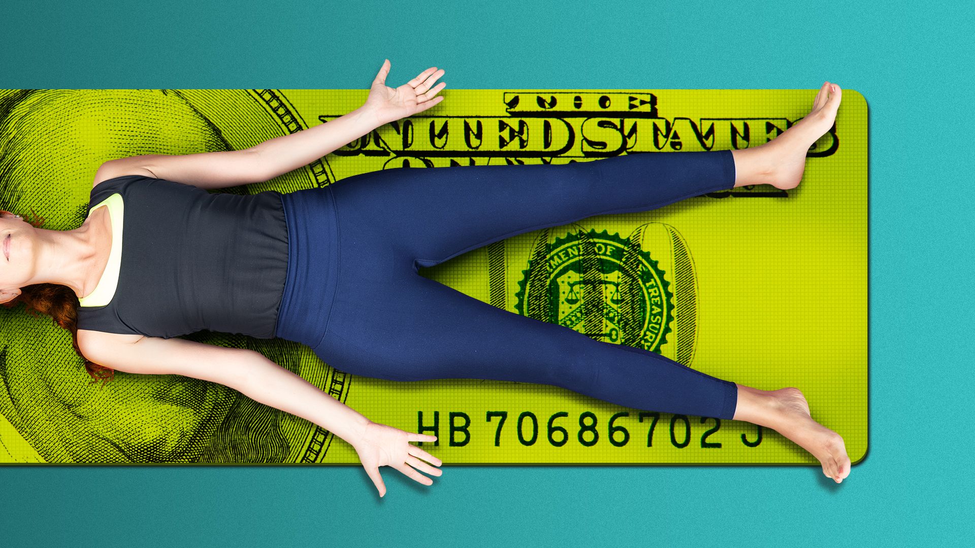 Illustration of a woman lying prone on a yoga mat with a hundred dollar bill on it