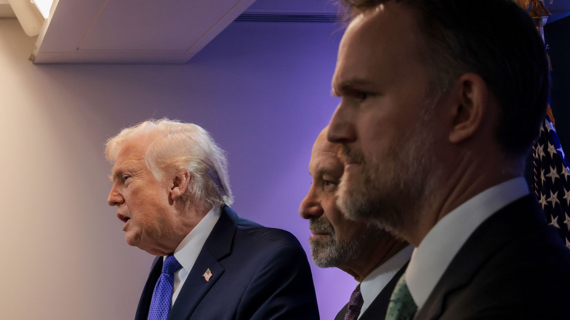 Donald Trump, Howard Lutnick and Jamieson Greer speaking at press briefing.