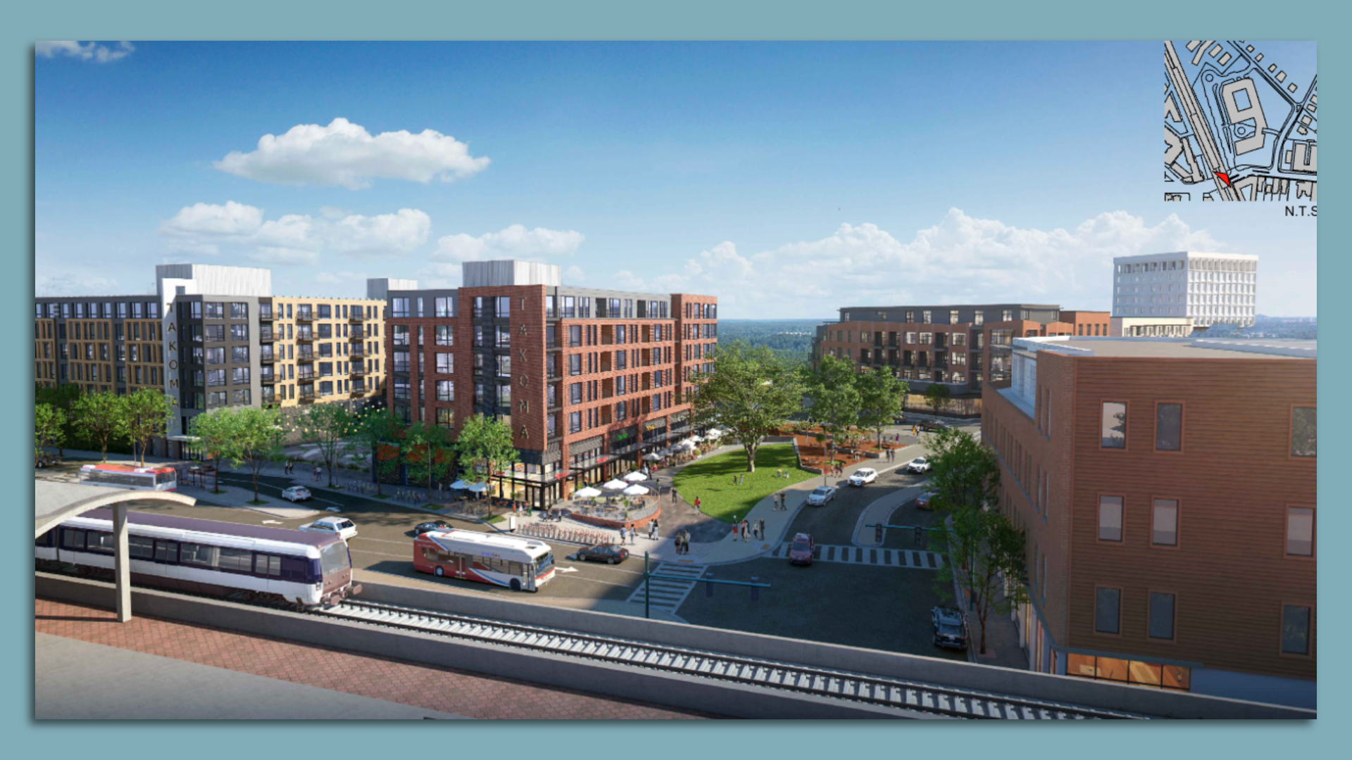 A rendering of a new brick and grey building in Takoma Park.