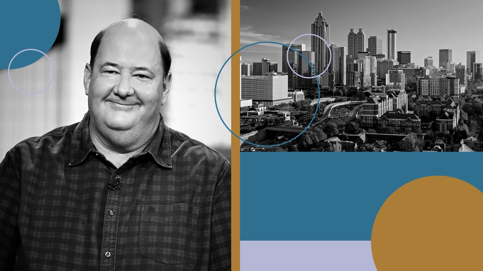 Photo illustration of Brian Baumgartner with the Atlanta skyline.