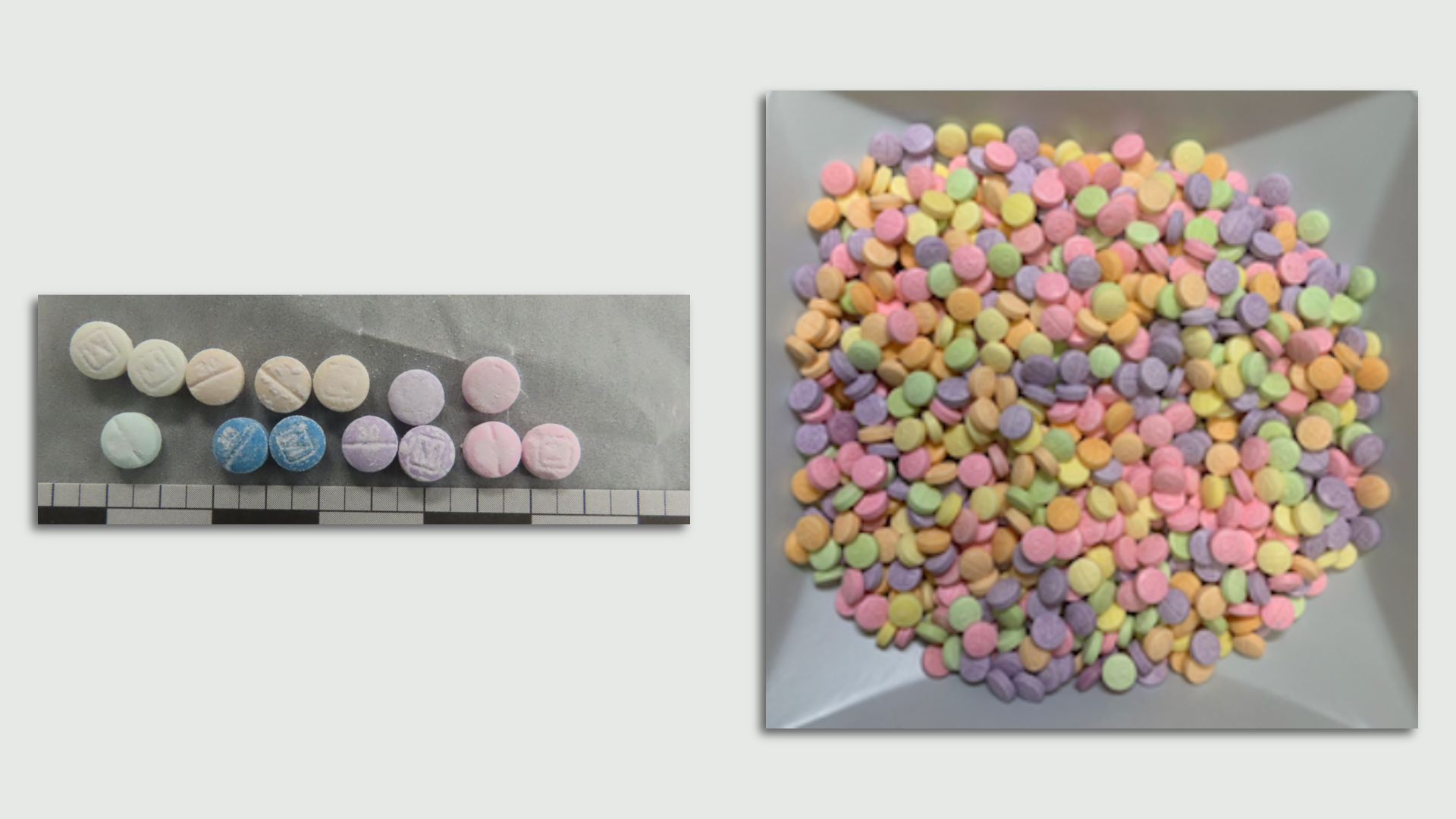 Side by side images of candy-colored fentanyl pills