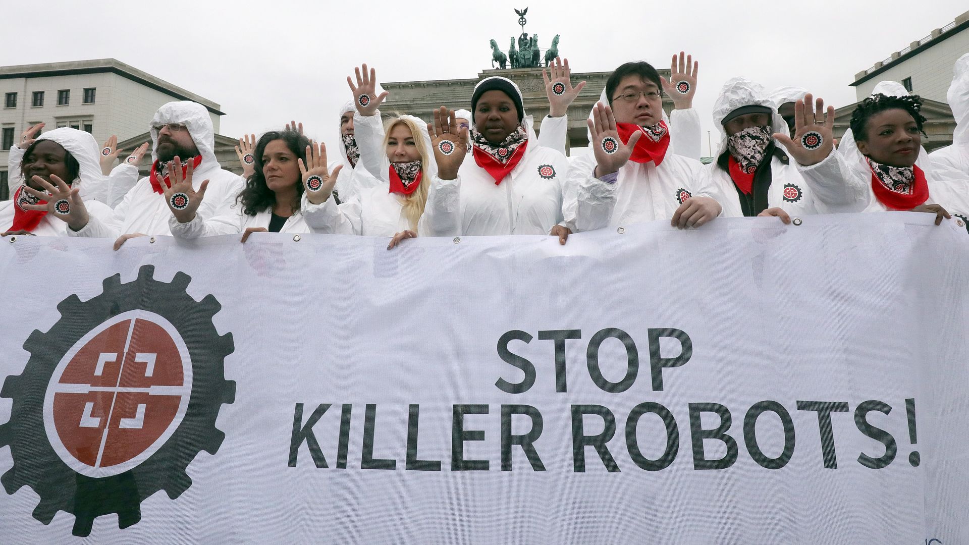 Um comício em Berlim em 2019 para pressionar pelo banimento de armas autônomas. 