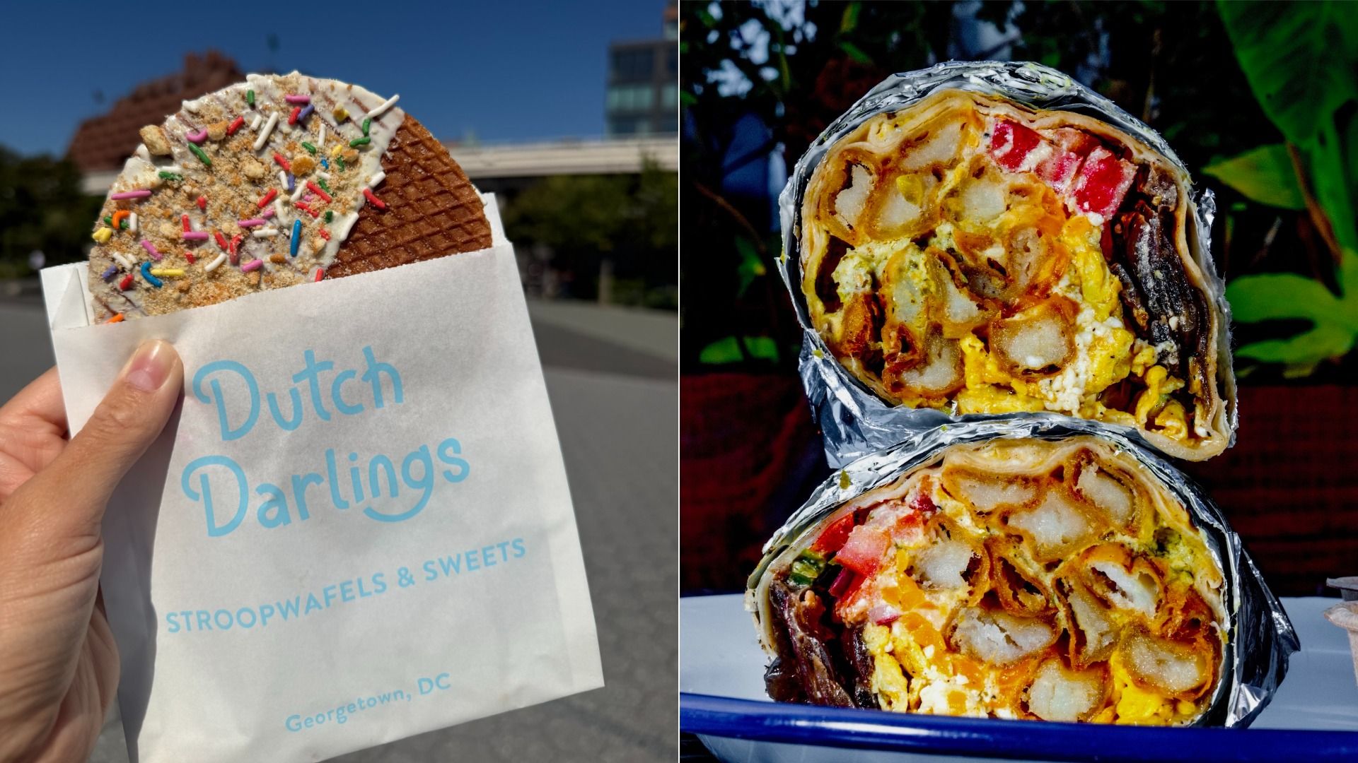 Two-panel food collage: left shows a hand holding a half waffle with icing and rainbow sprinkles in a white bag reading "Dutch Darlings" against a blue sky; right shows a foil-wrapped breakfast burrito cut open, revealing eggs and cheese.