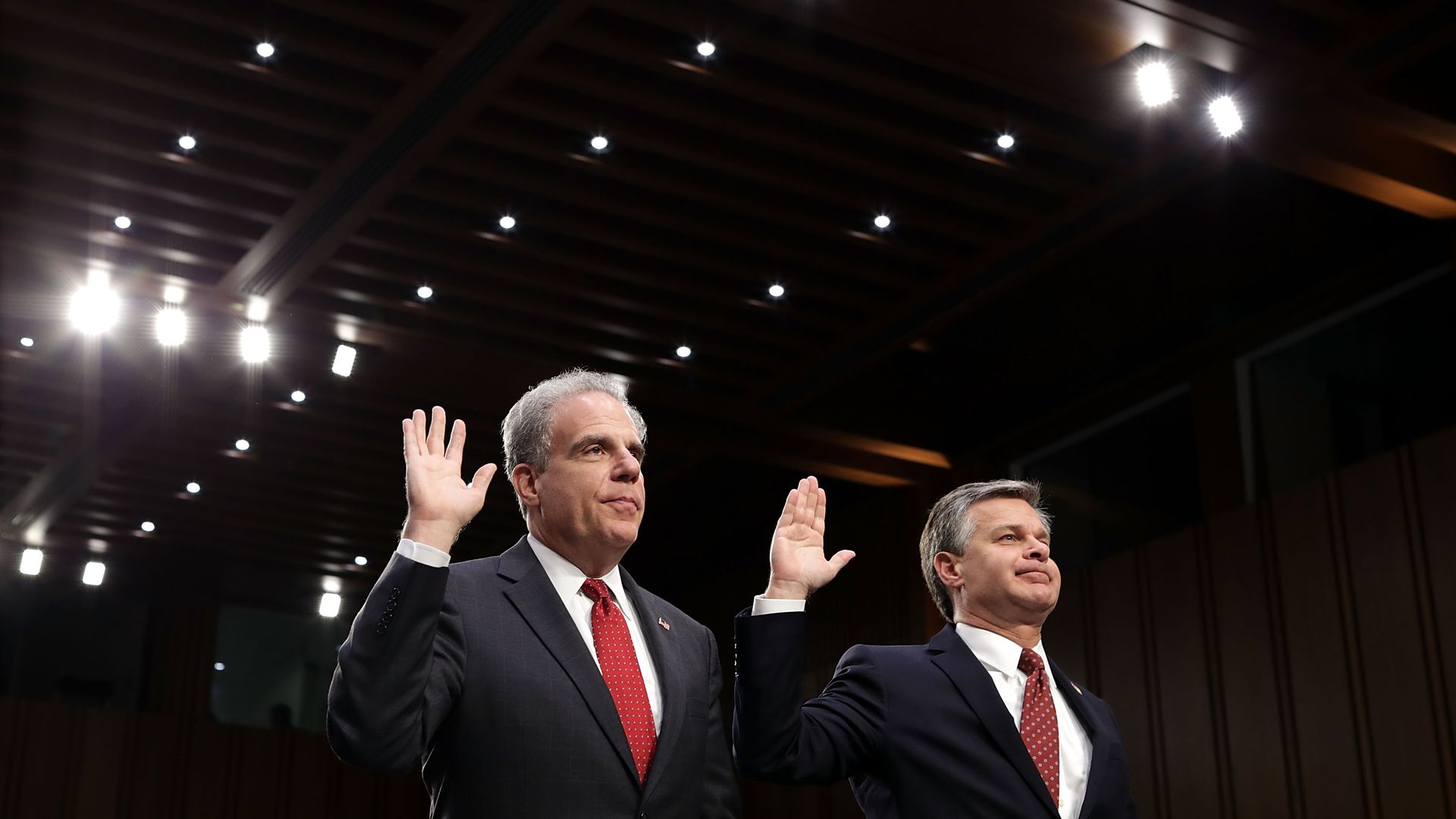 Justice Department Inspector General Michael Horowitz and FBI Director Christopher Wray are sworn in before testifying to the Senate Judiciary Committee 