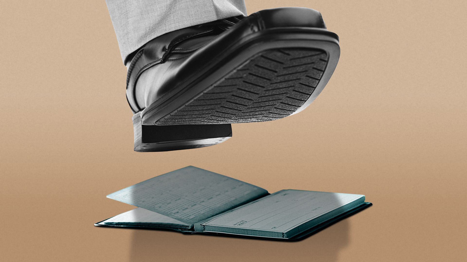 Illustration of a dress shoe about to step on an open checkbook.