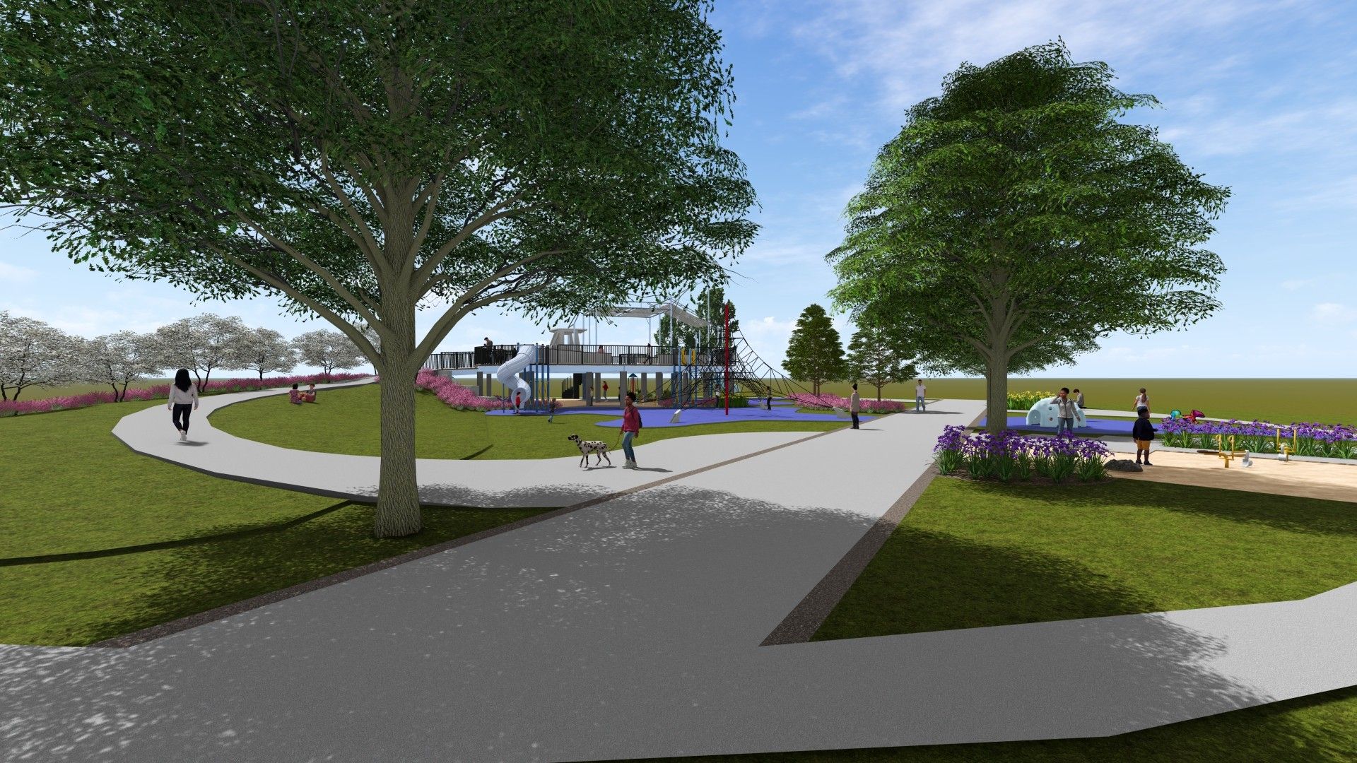 Park scene with green grass, large trees, paved paths, children playing on a raised playground with slides and climbing nets, adults walking, purple flowers, and a dog on a leash.