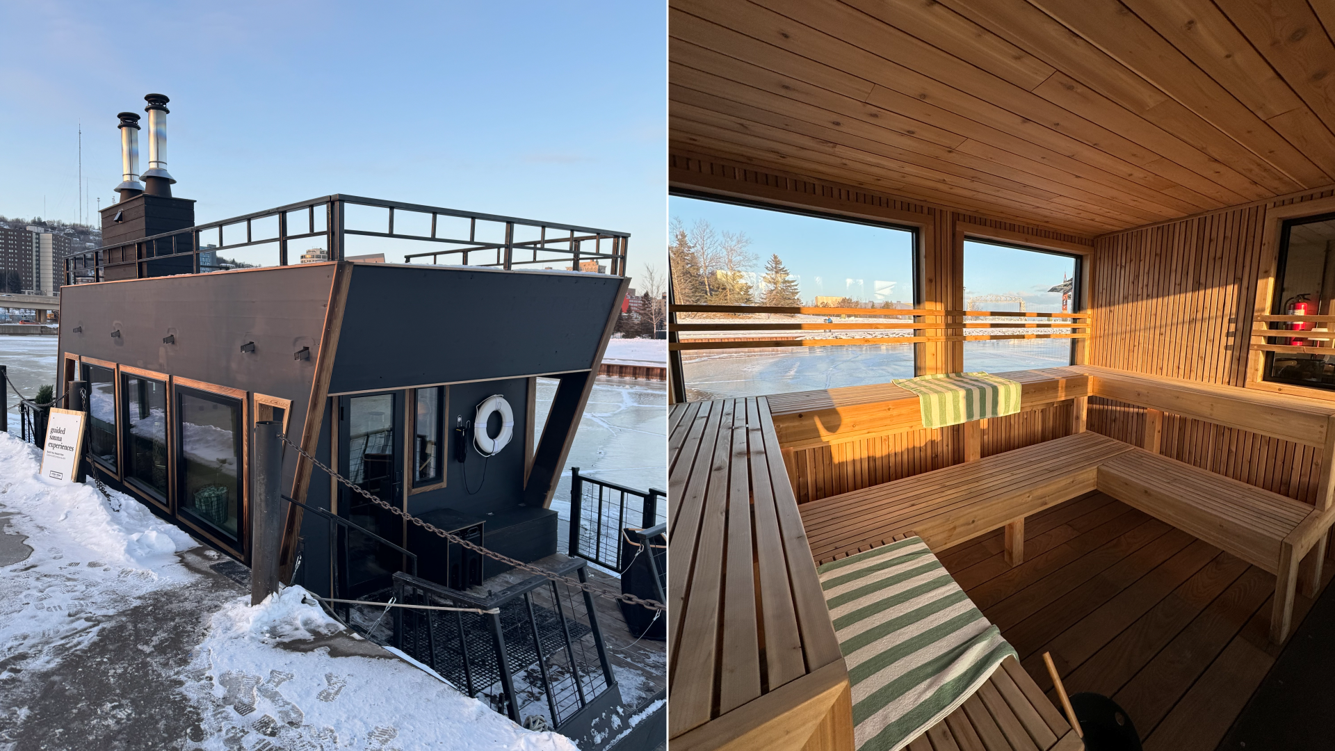 The exterior of a black boat with a deck and rooftop, and the inside of a wood paneled sauna with windows showing a lake.