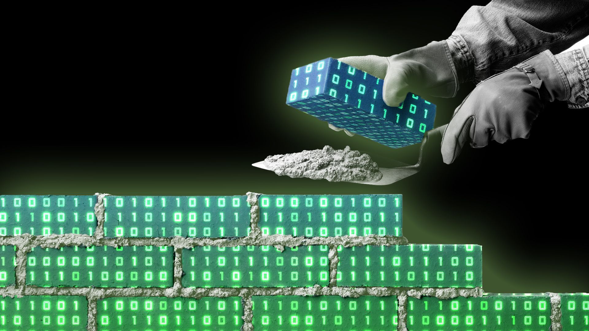 Illustration of bricklaying where the bricks have a digital binary glow