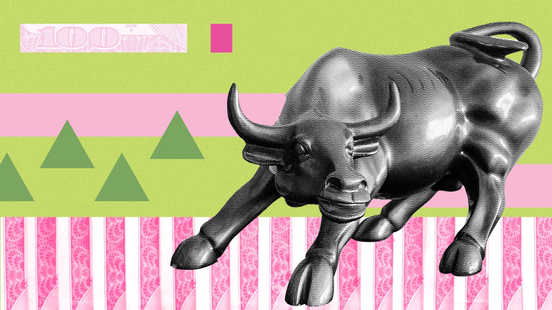 Illustration of the Wall St. bull statue, abstract shapes and money elements.