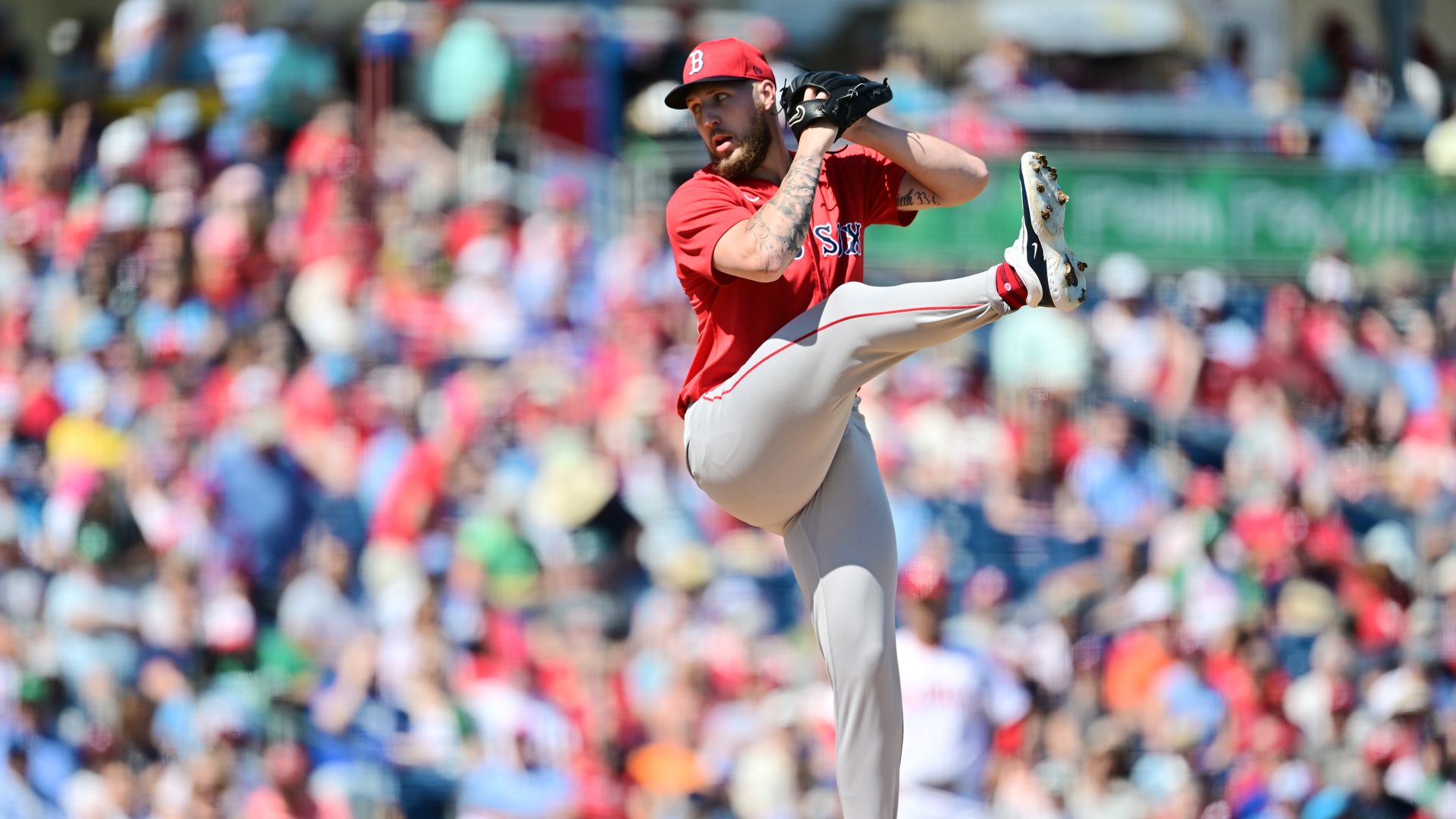 Garrett Crochet #35 of the Boston Red Sox delivers a pitch in the first inning against the Philadelphia Phillies during a Grapefruit League spring training game at BayCare Ballpark on February 28, 2025 in Clearwater, Florida. 