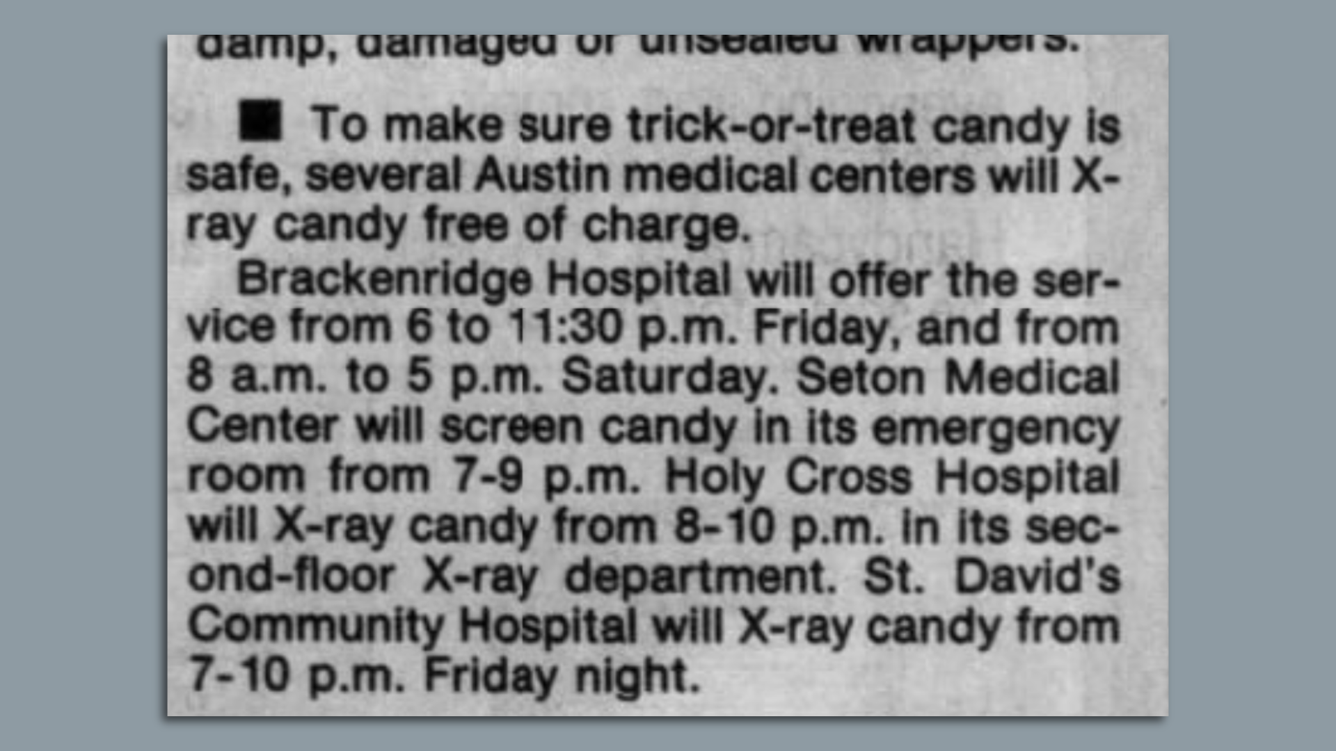 A clipping describing X-raying Halloween candy